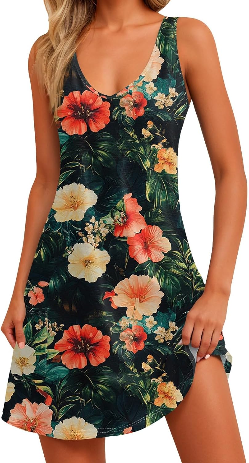 Women's Sleeveless Floral Print Summer Dress Casual V-Neck A-Line Mini Dress for Beach Party and Daily Wear