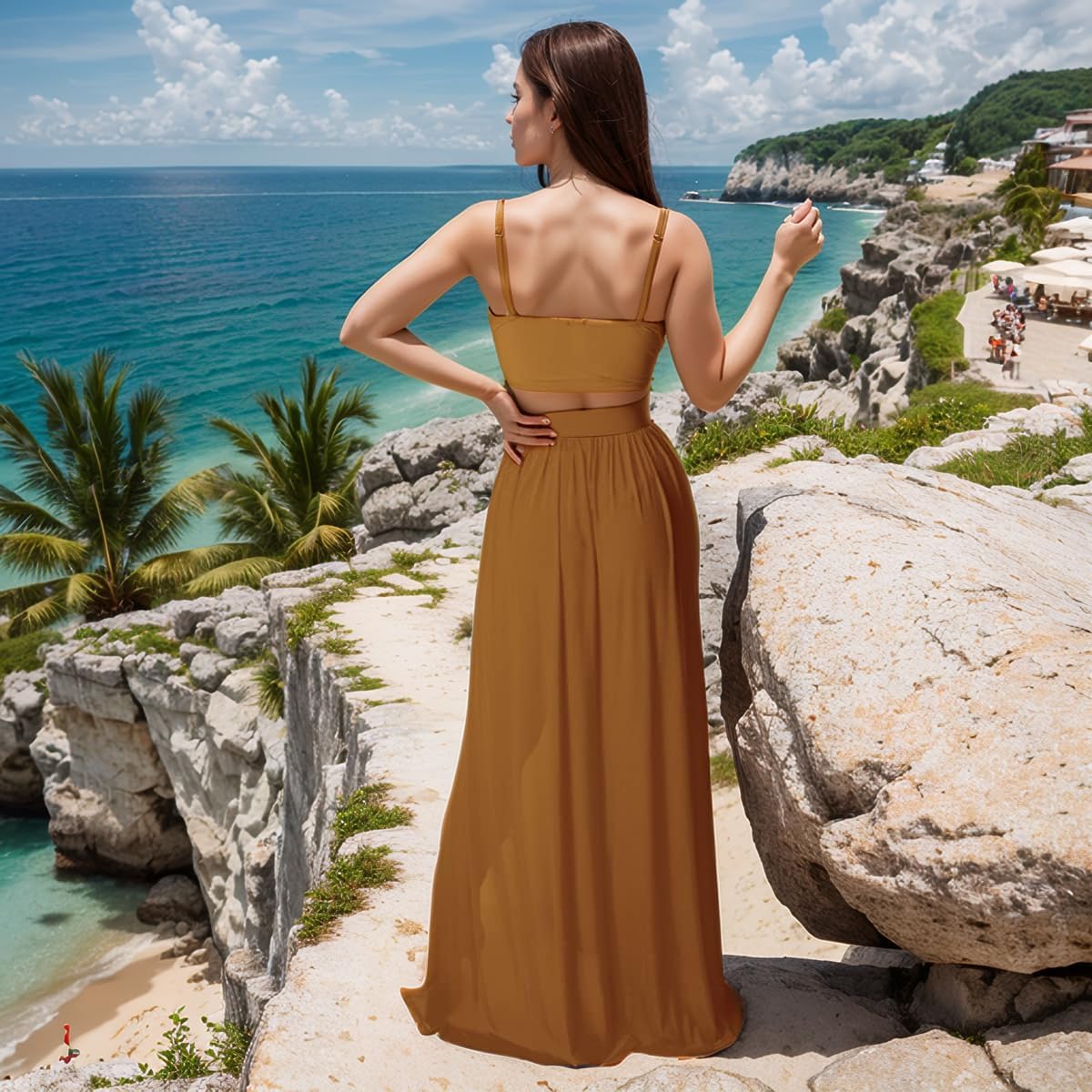 Women Sexy 2 Piece Outfits Dress Chiffon Strap Deep V Neck Bra Crop Top High Split Maxi Dresses Skirt Set