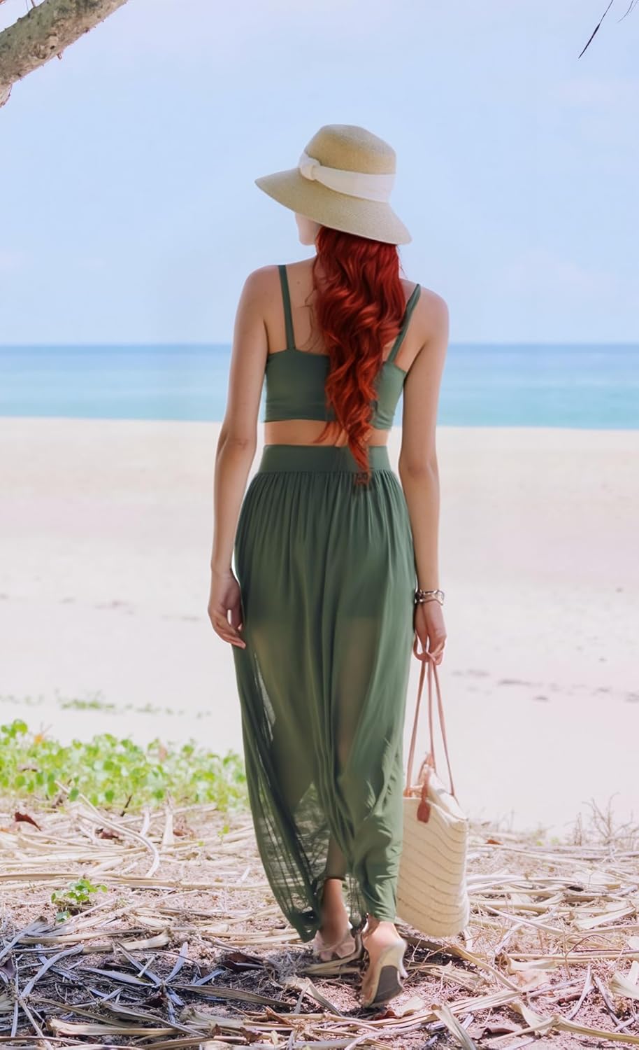 Women Sexy 2 Piece Outfits Dress Chiffon Strap Deep V Neck Bra Crop Top High Split Maxi Dresses Skirt Set