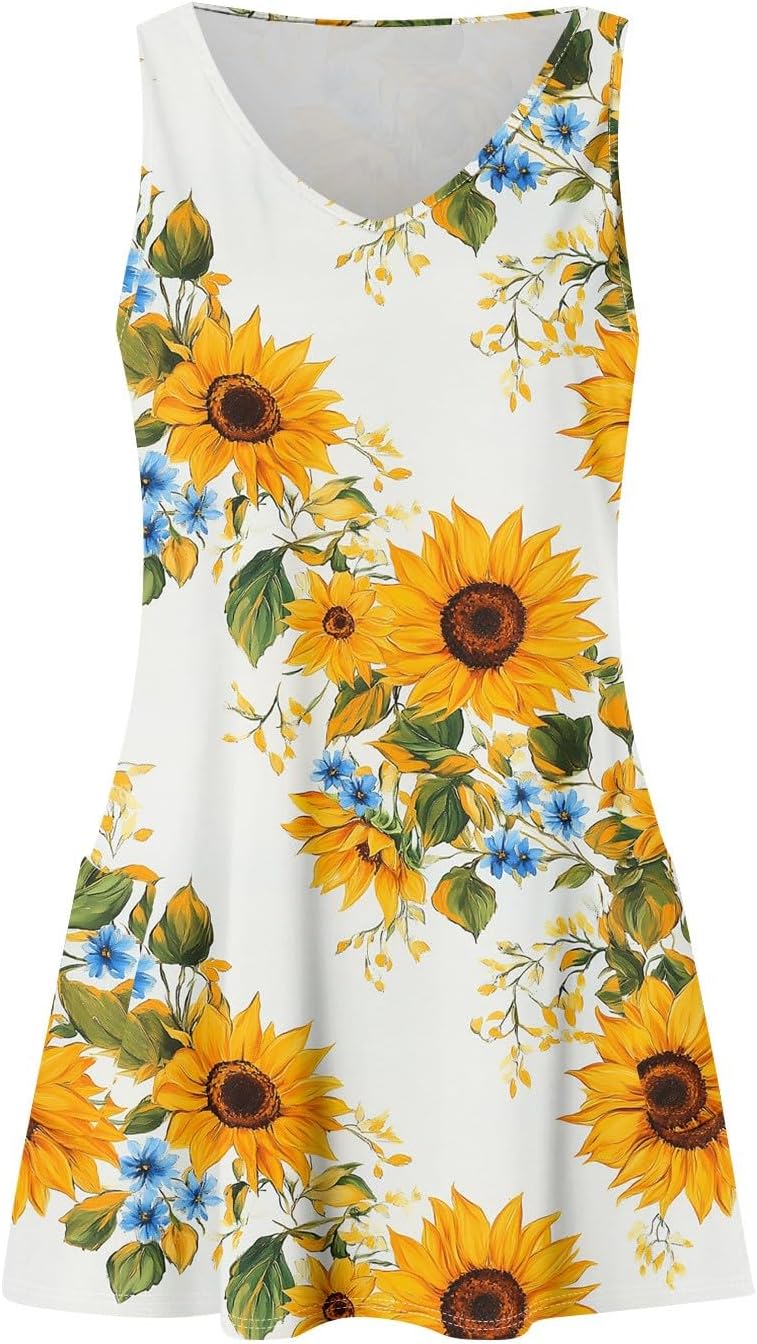 Women's Sleeveless Floral Print Summer Dress Casual V-Neck A-Line Mini Dress for Beach Party and Daily Wear