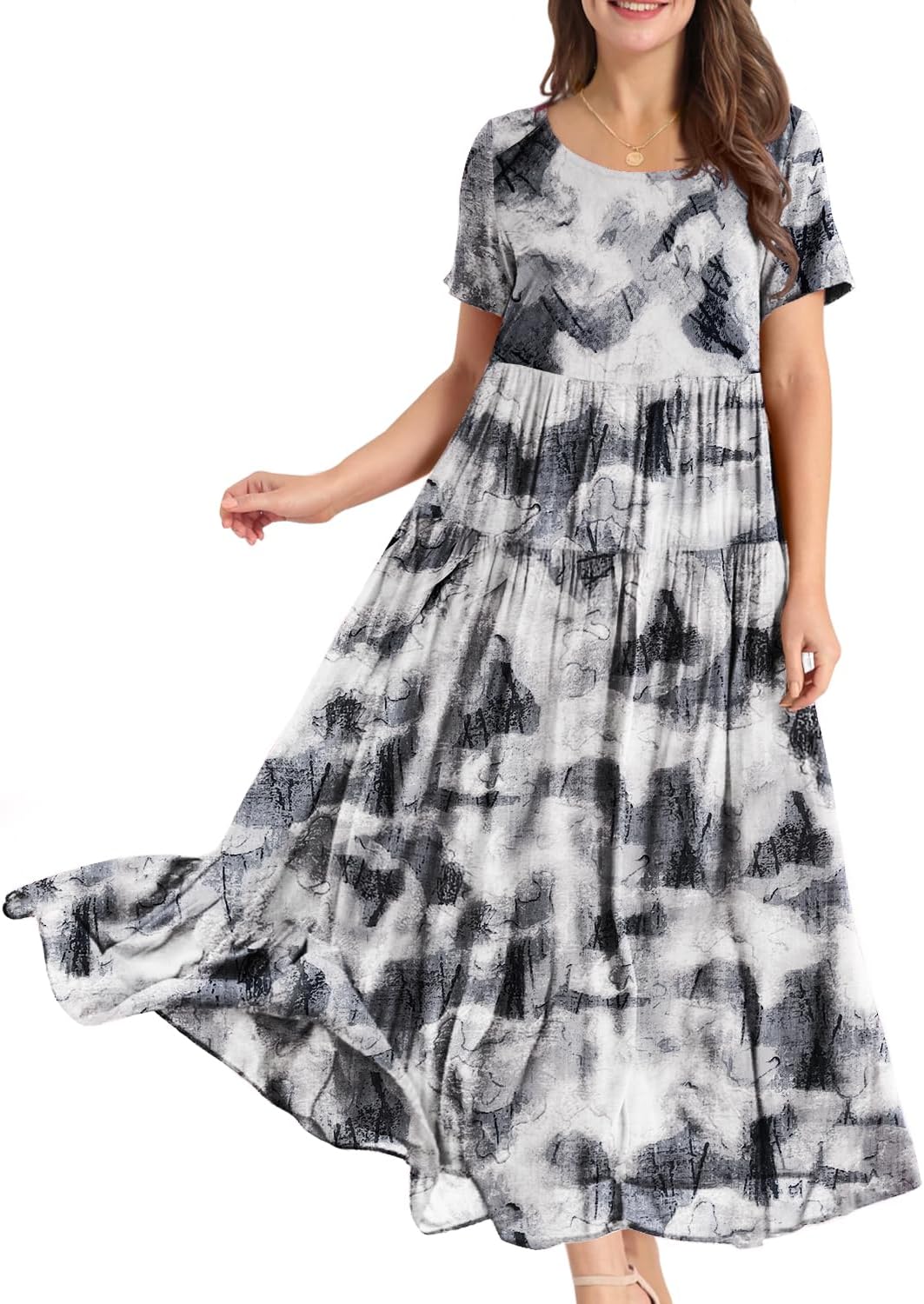YESNO Women Casual Loose Bohemian Floral Dress with Pockets Short Sleeve Long Maxi Summer Beach Swing Dress EJF