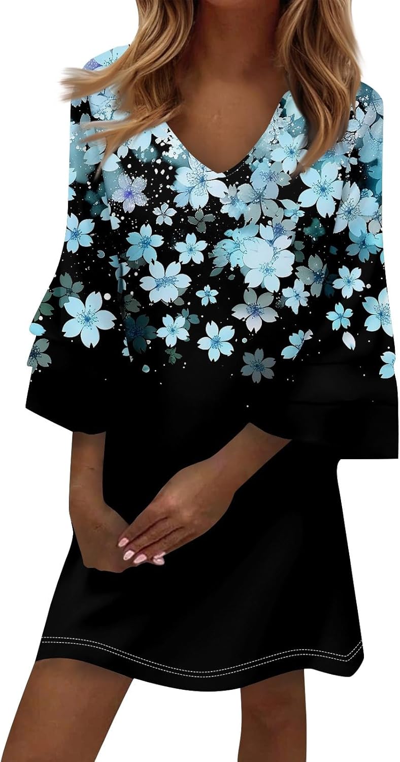 Beach Dresses for Women,2025 Summer Trendy Floral Print Boho Dress,Casual Loose V Neck Bell 3/4 Sleeve Mini Dress