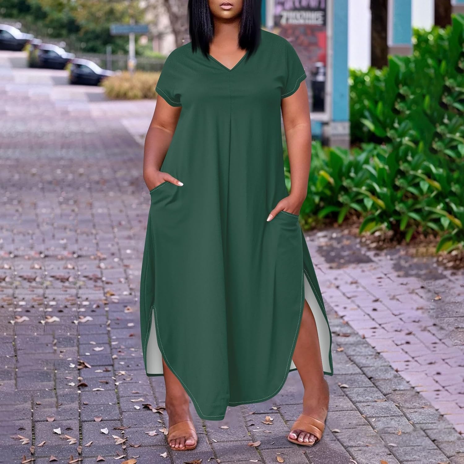 Maxi Dresses for Women 2025 Plus Size Tie Dye V Neck Dress Short Sleeve Side Split Beach Summer Sundress with Pocket