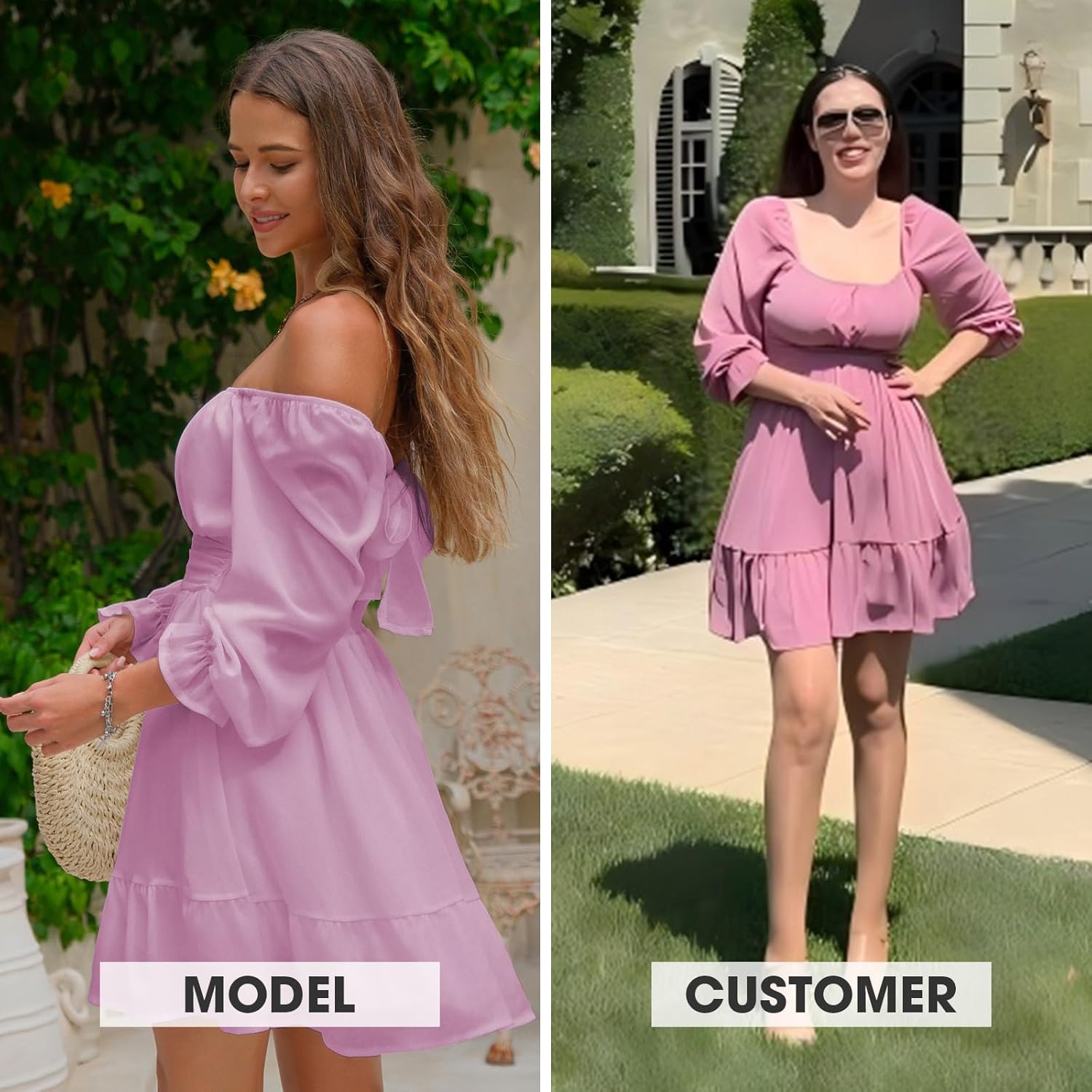 EXLURA Women's 2025 Casual Long Lantern Sleeve Dresses Square Neck Ruffle Tie Back Elastic Waist Aline Short Mini Dress