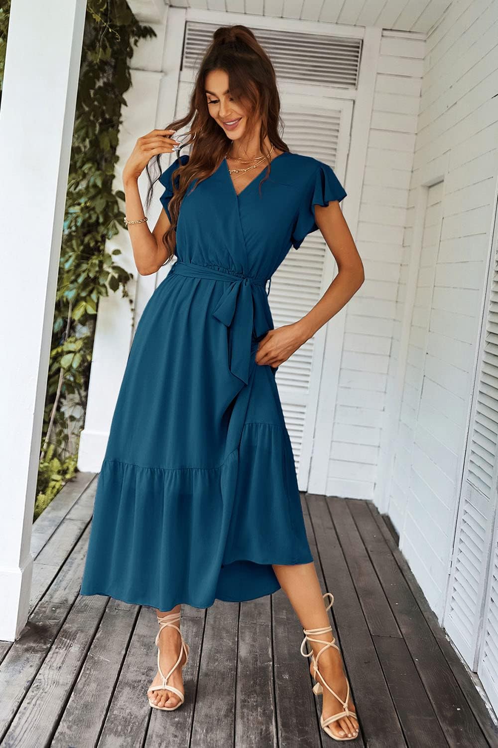 PRETTYGARDEN Women's Summer Floral Boho Dress Wrap V Neck Short Sleeve Ruffle A-Line Flowy Maxi Wedding Guest Dresses