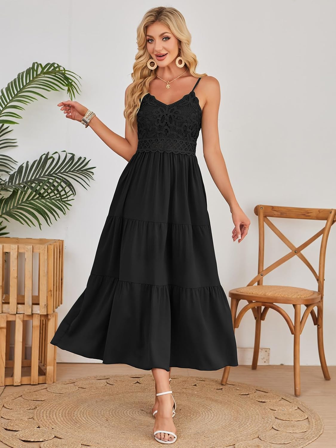 Dokuritu Women's Beach Crochet Lace Maxi Dress Solid Color Summer Vacation Spaghetti Strap Long Dress 2024