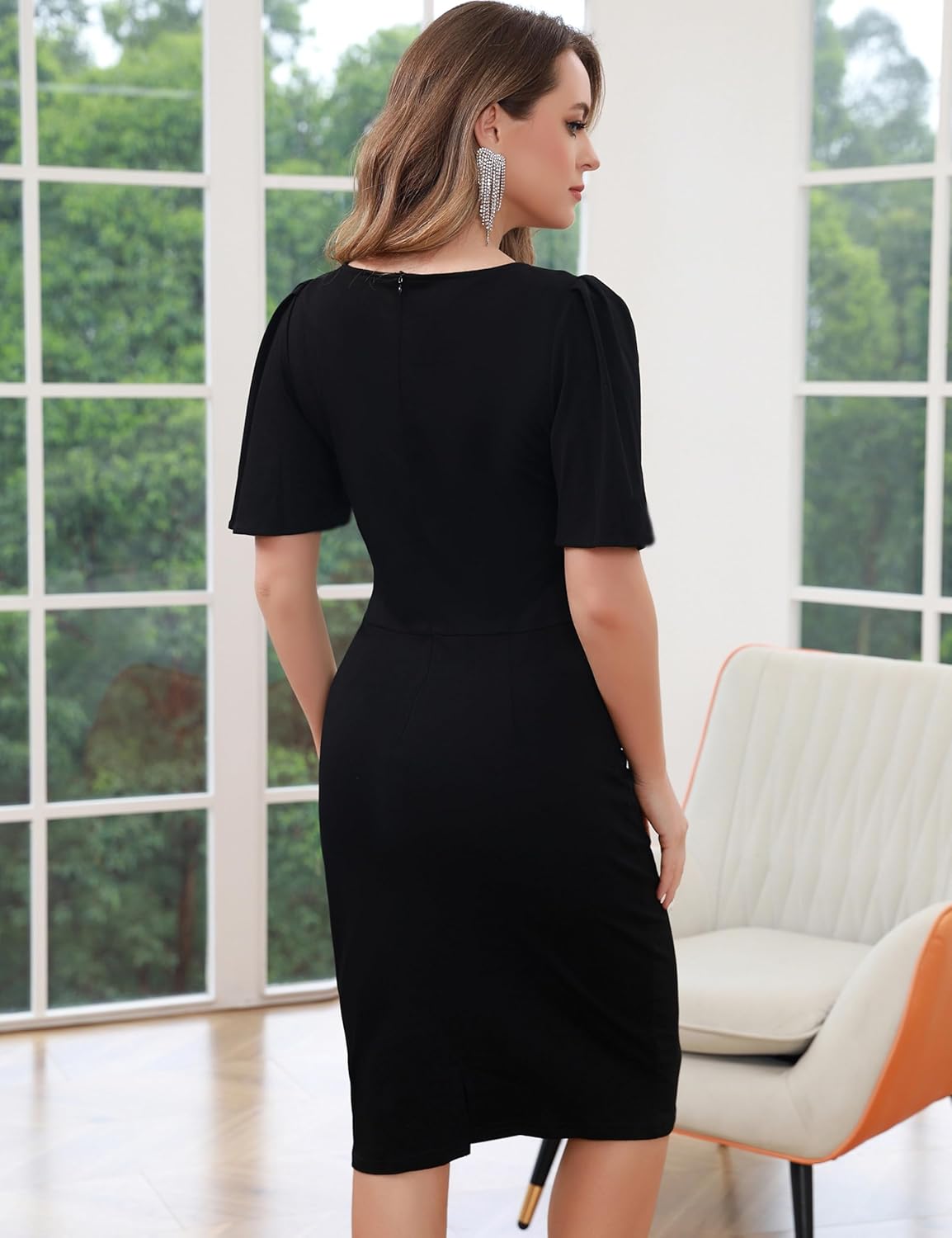 Aphratti Women's Short Sleeve Work Sheath Midi Dress Elegant Fitted Cocktail Party Church Funeral Outfit