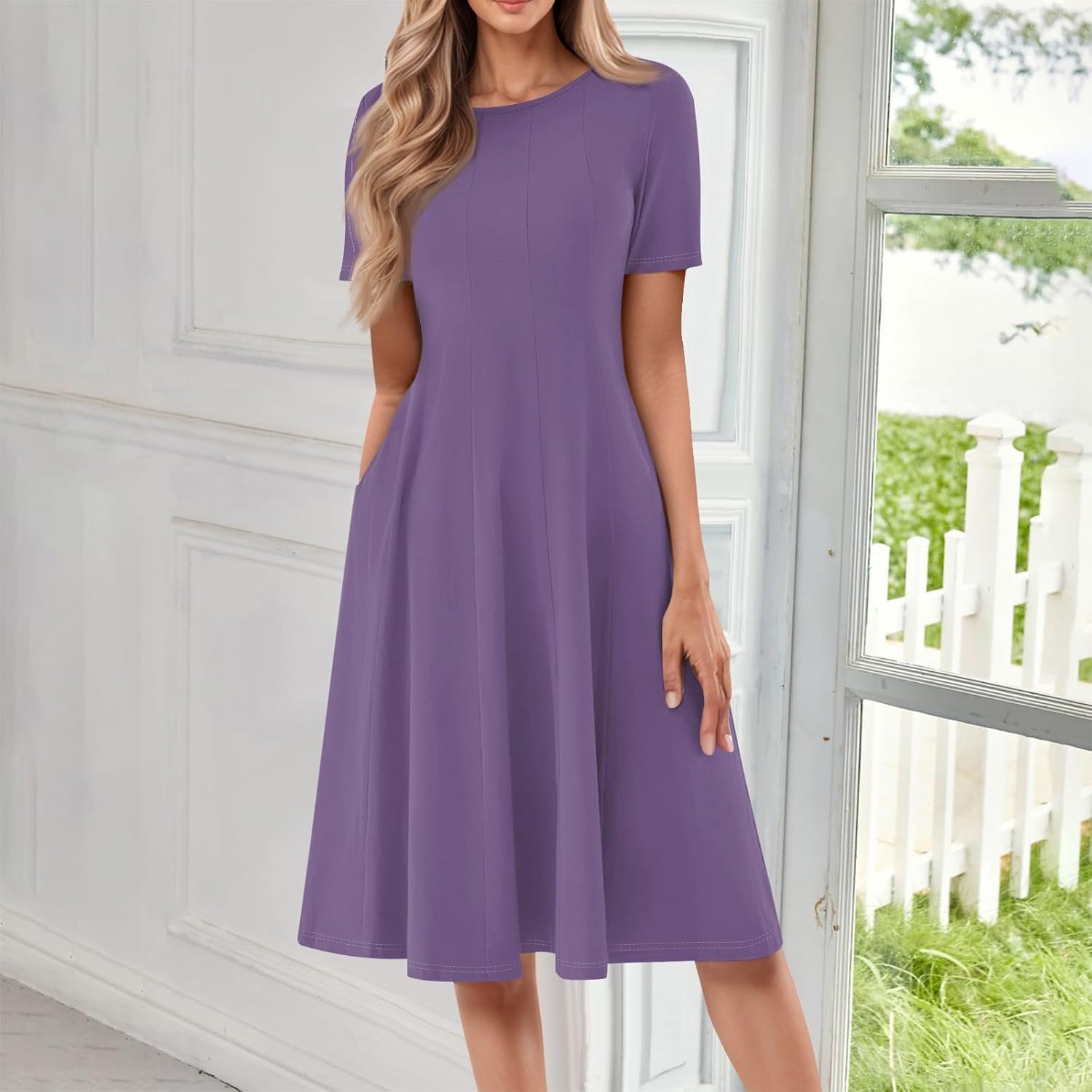 Summer Dresses for Women 2025 Crew Neck Short Sleeve Boho Beach Vacation Floral/Solid Midi Sundresses with Pockets
