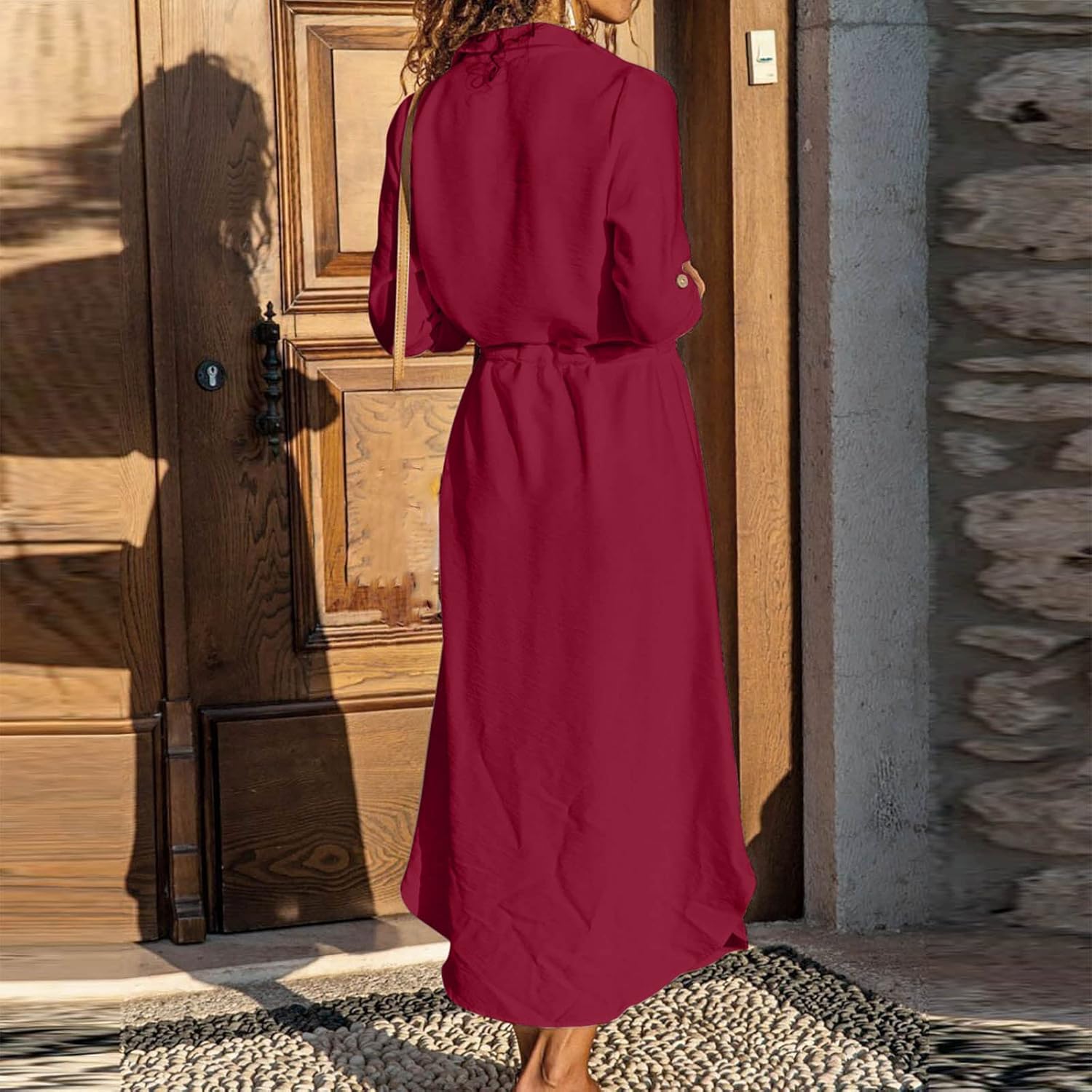 Women's Maxi Shirt Dresses Solid Cotton Linen Button Lapel Long Sleeves Summer Irregular Hem Daily Casual Sundress