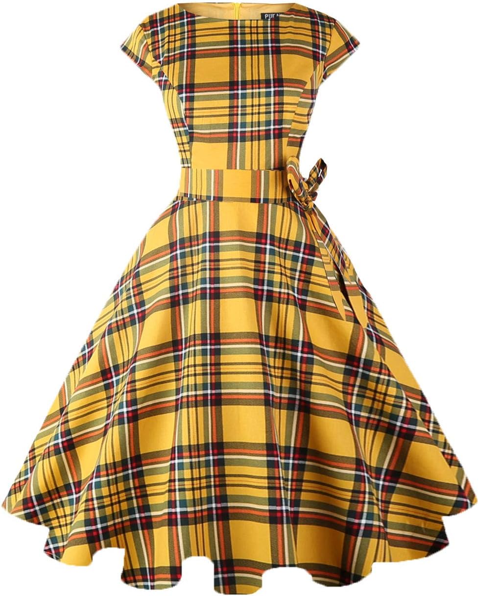 PUKAVT Women's 1950 Boatneck Cap Sleeve Vintage Swing Cocktail Party Dress with Pockets