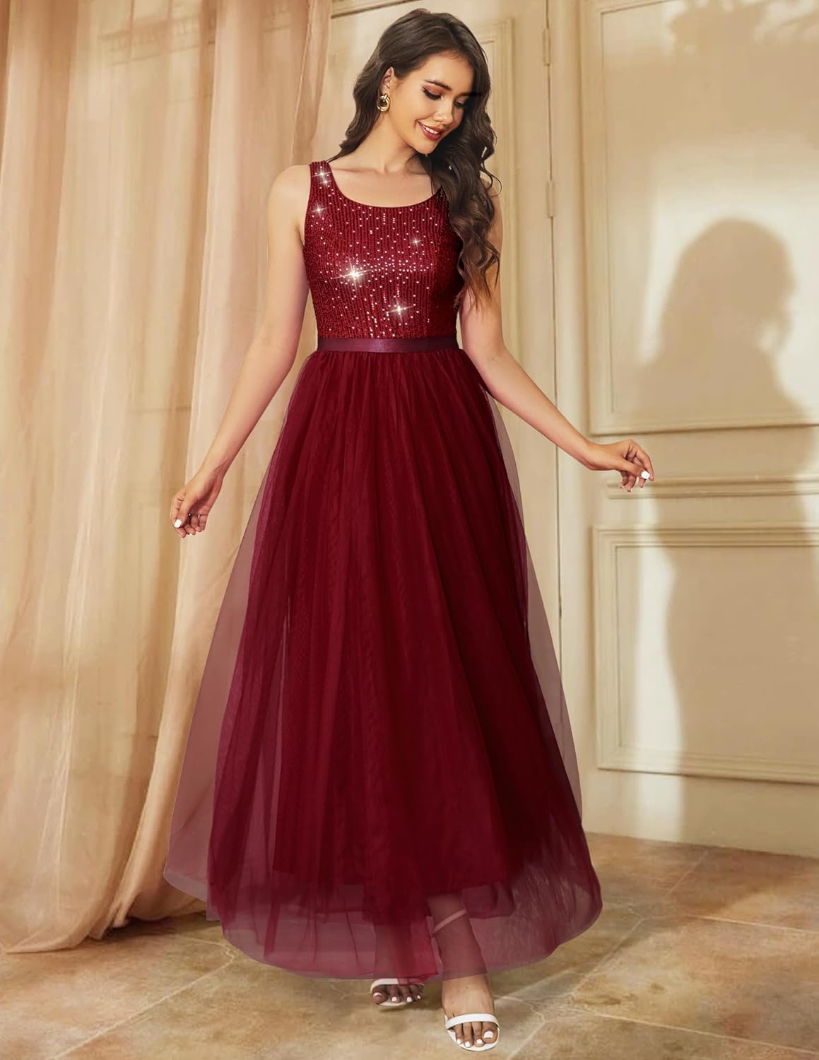 BeryLove Sequin Dress for Woman Vintage A Line Wedding Formal Swing Mesh Dress Sleeveless Cocktail Maxi Gowns