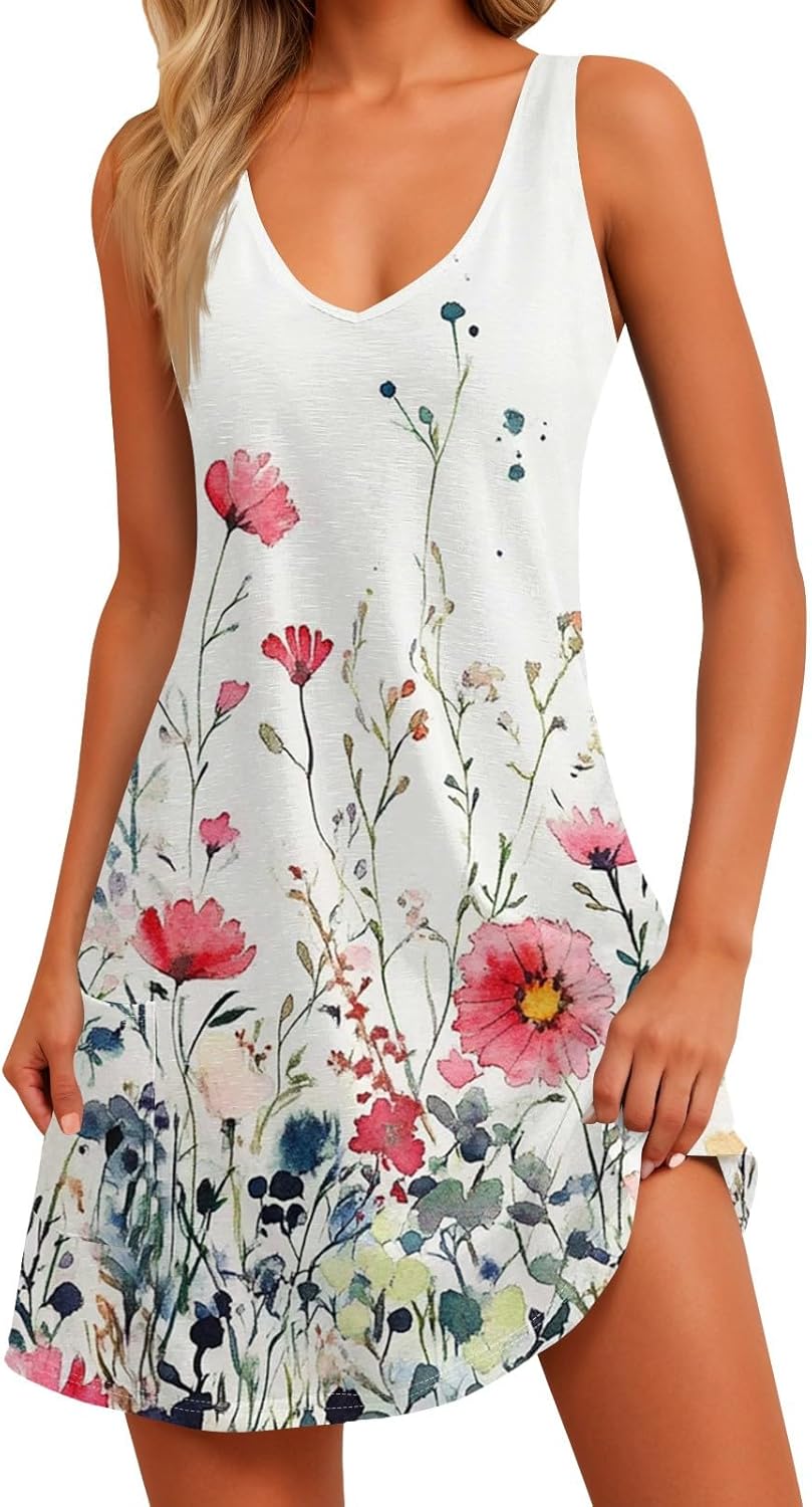 Women's Sleeveless Floral Print Summer Dress Casual V-Neck A-Line Mini Dress for Beach Party and Daily Wear