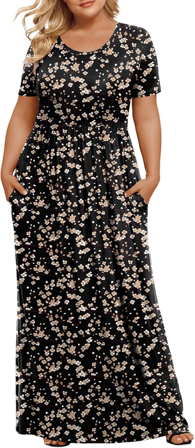 LONGYUAN Women's Plus Size Maxi Dresses for Curvy Women Summer Short Sleeve Casual 2025 Long Dress XL-6XL
