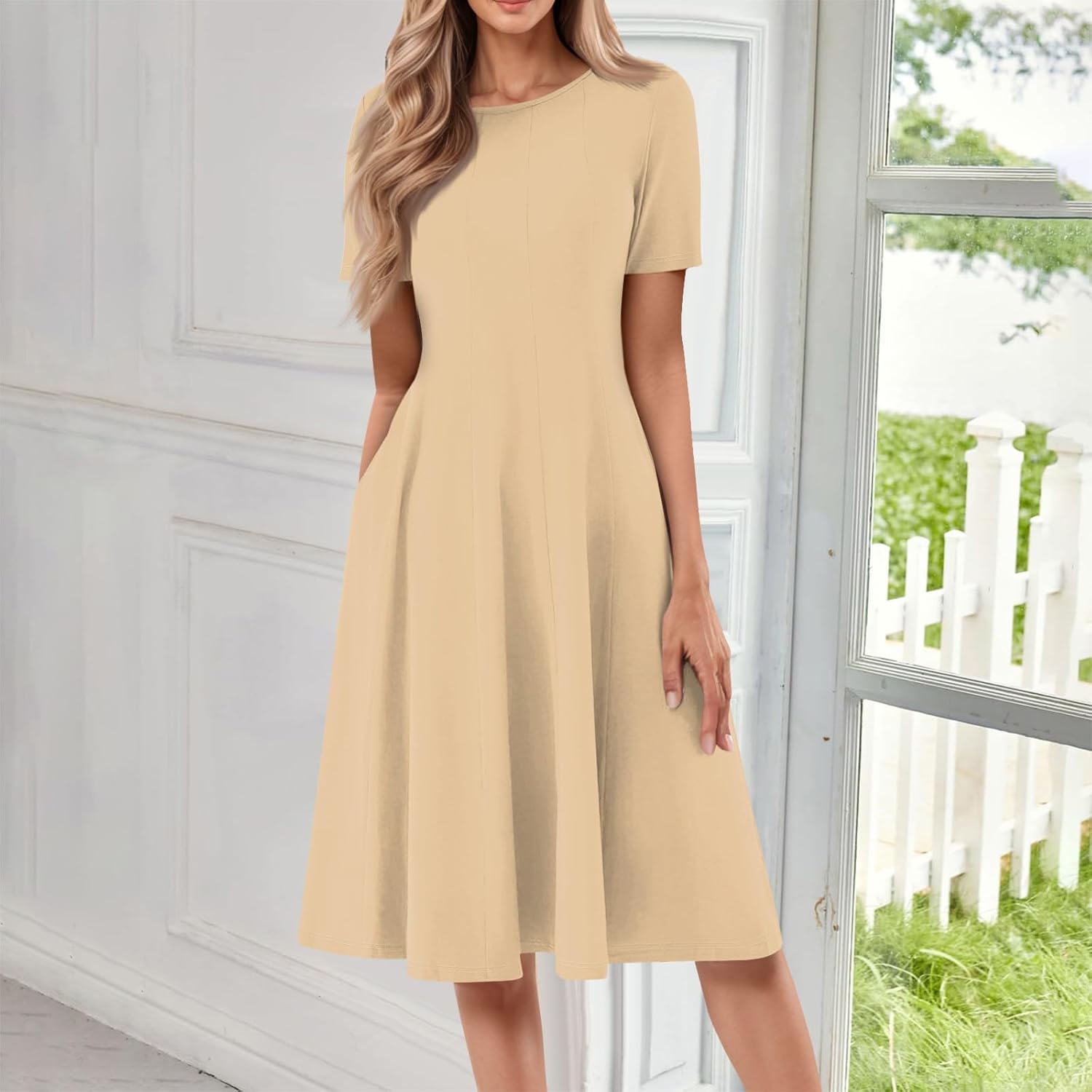 Summer Dresses for Women 2025 Crew Neck Short Sleeve Boho Beach Vacation Floral/Solid Midi Sundresses with Pockets