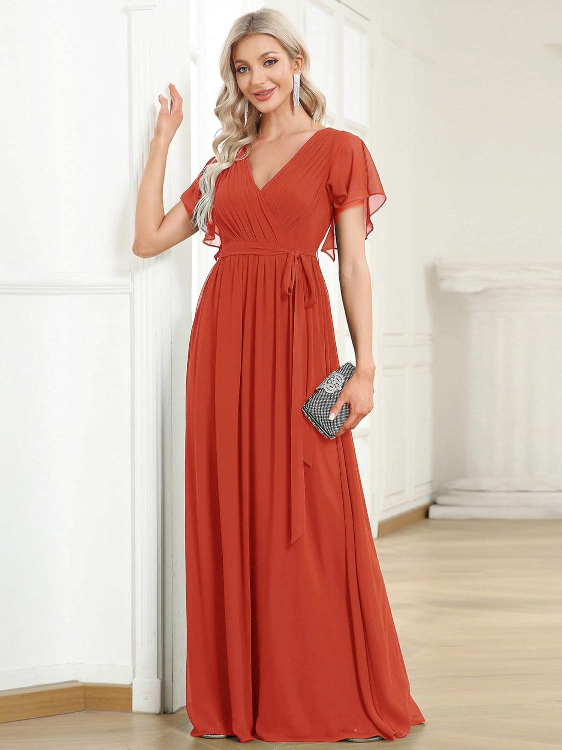 Ever-Pretty Women's Bridesmaid Dress V-Neck Ruffle Sleeves Ruched Bust Floor Length Chiffon Formal Dresses 0164A