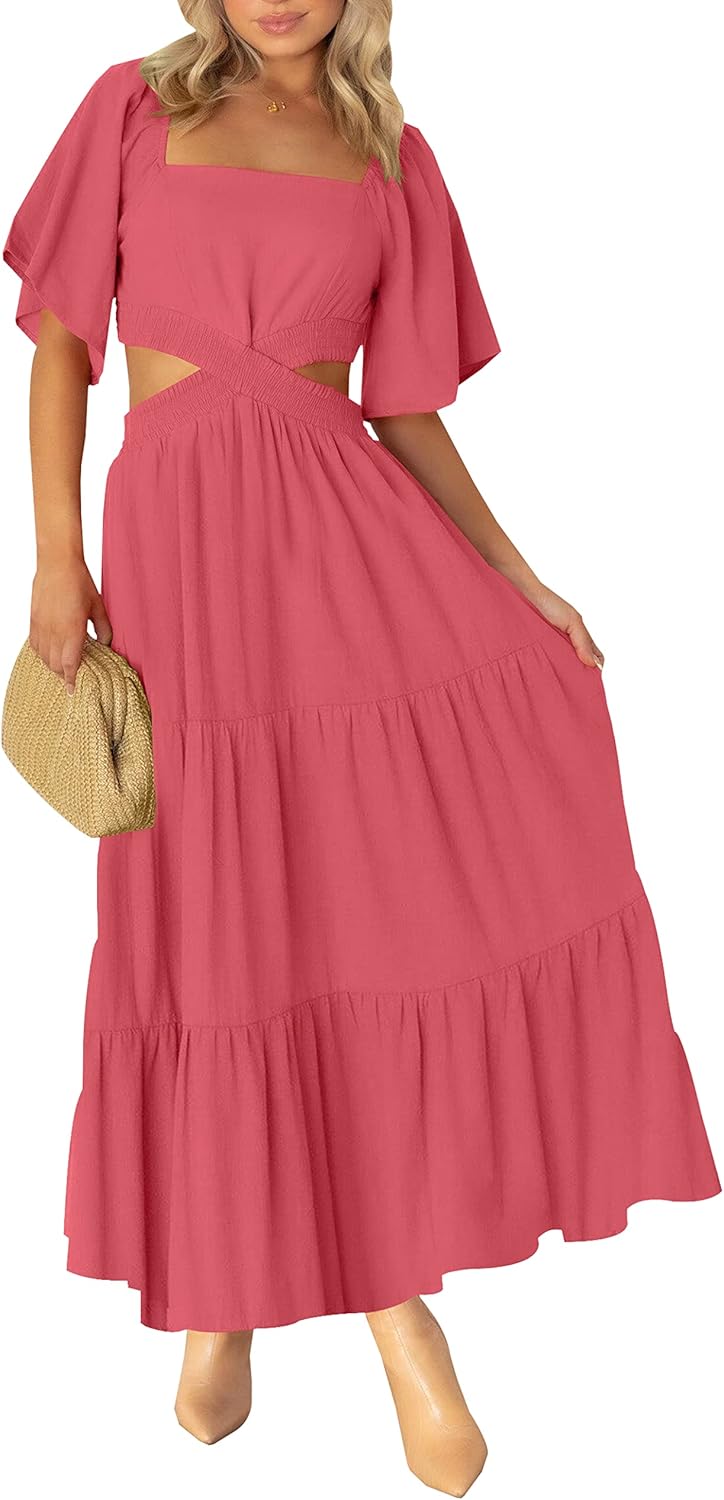 LEANI Women's 2025 Summer Cutout Maxi Dress Square Neck Short Sleeve Crossover Waist Casual Party Dresses