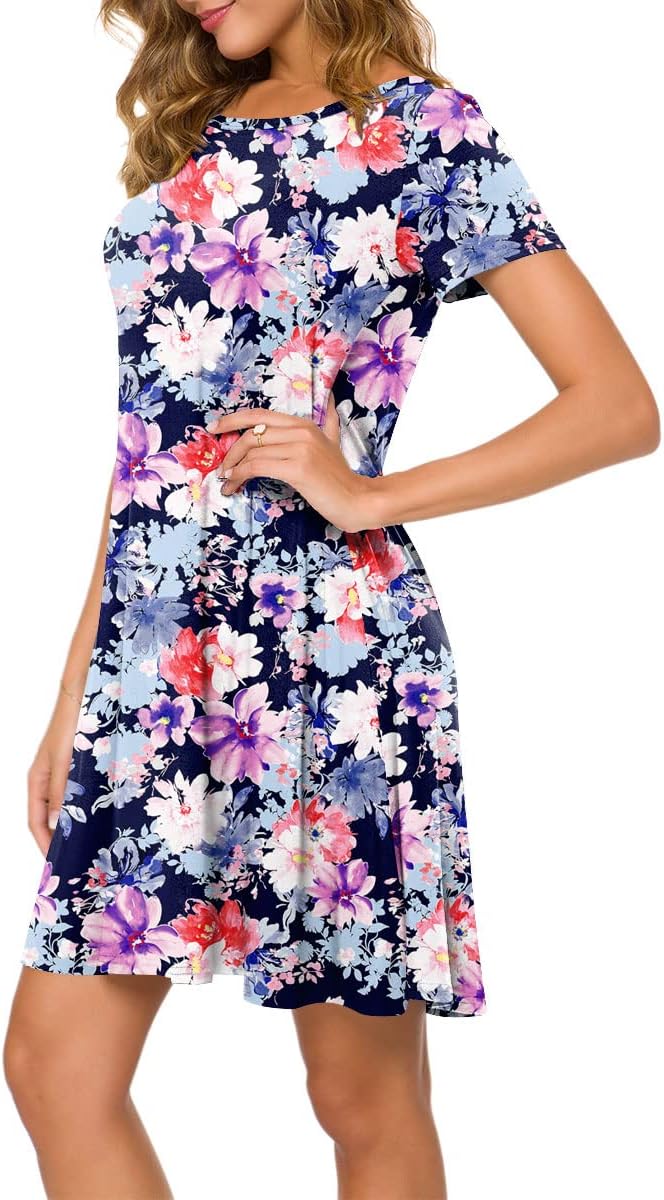 POPYOUNG 2025 Women's Summer Casual T-Shirt Dresses Crew Neck Beach Cover Up Sun Dress