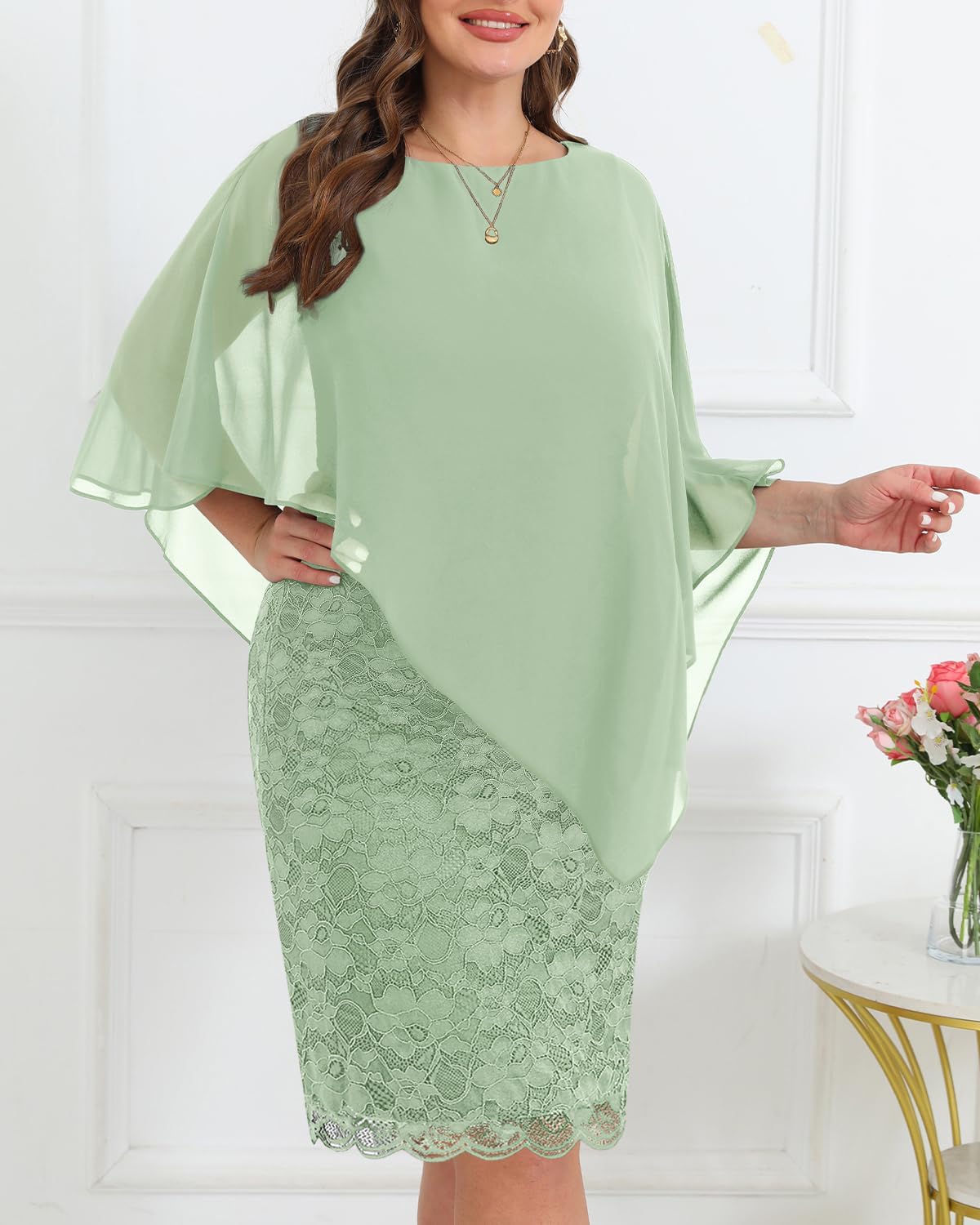 Plus Size Dresses Wedding Guest - Mother Bride Semi Formal Lace Cape with Chiffon Overlay Dresses