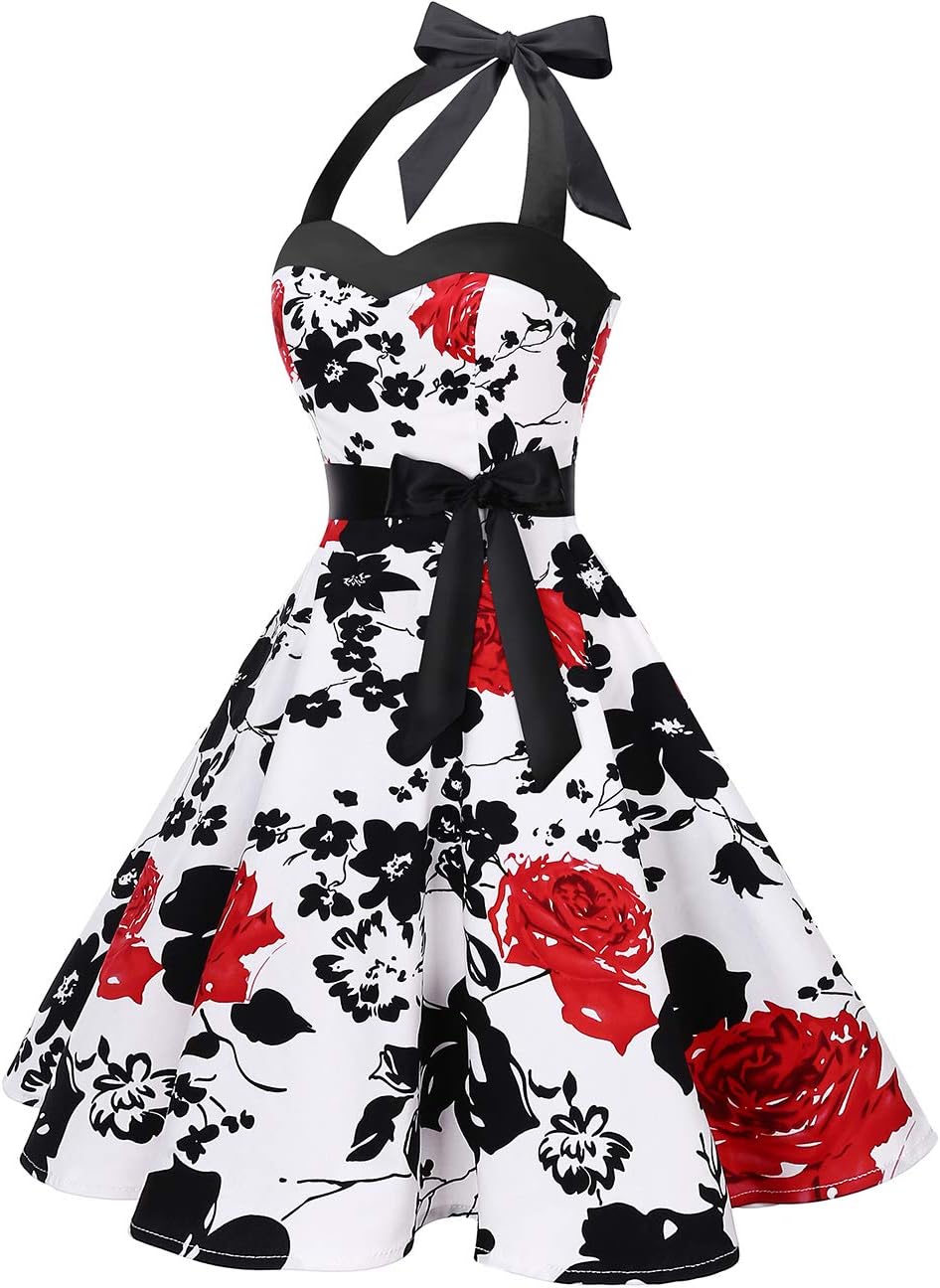 DRESSTELLS Women's Vintage 1950s Cocktail Party Dress Retro Wedding Guest Halter Rockabilly Swing Dresses