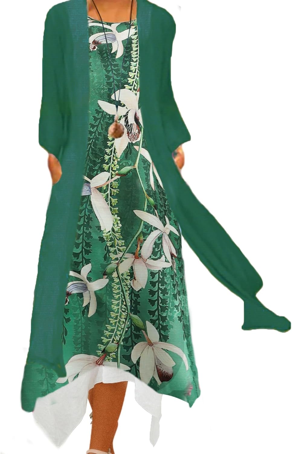 Honwenle Women's Linen Dress 2 Piece Outfit Floral Sleeveless Loose Maxi Summer Dresses with Jacket Formal Casual