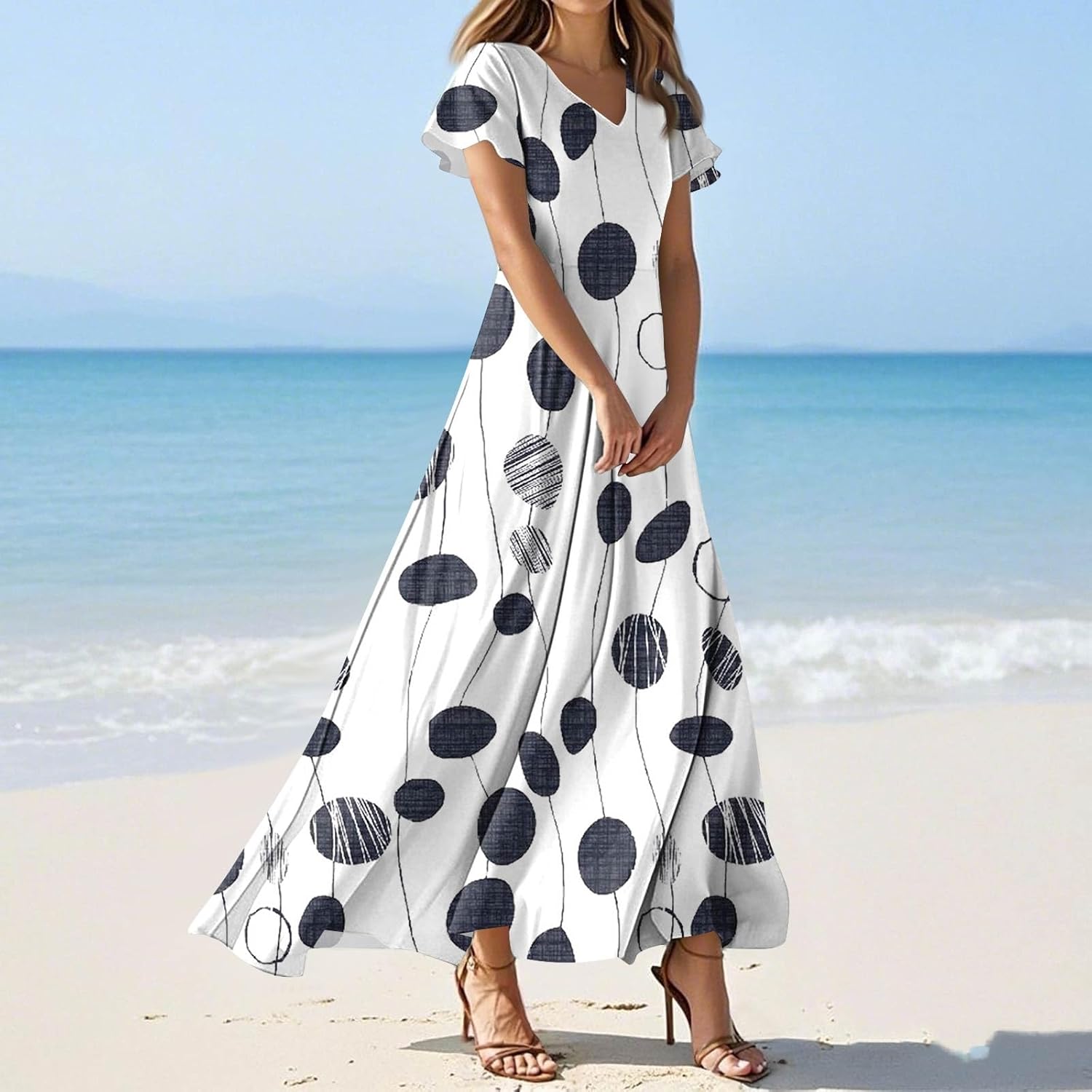 Womens Fashion V Neck Ruffle Short Sleeve Maxi Dress 2025 Summer Elegant Solid Color Flowy A Line Dresses