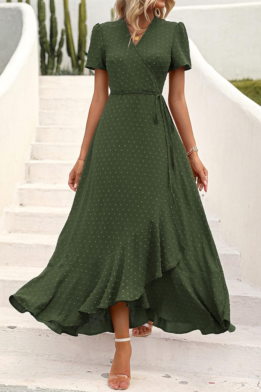 PRETTYGARDEN Women's Summer Wrap Maxi Dress Casual Short Sleeve Floral Boho V Neck Split Ruffle Beach Long Dresses