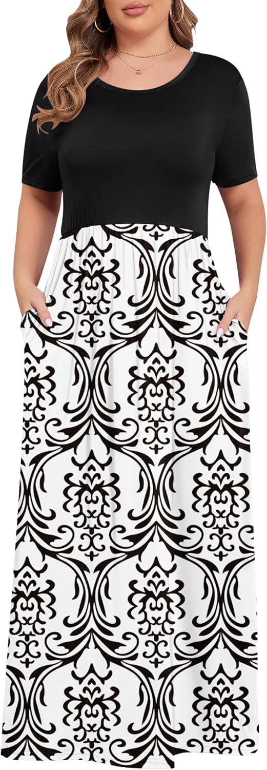 KARALIN Women’s Plus Size Maxi Dresses for Curvy Women Summer Casual Short Sleeve 2025 Long Dress 14W-26W