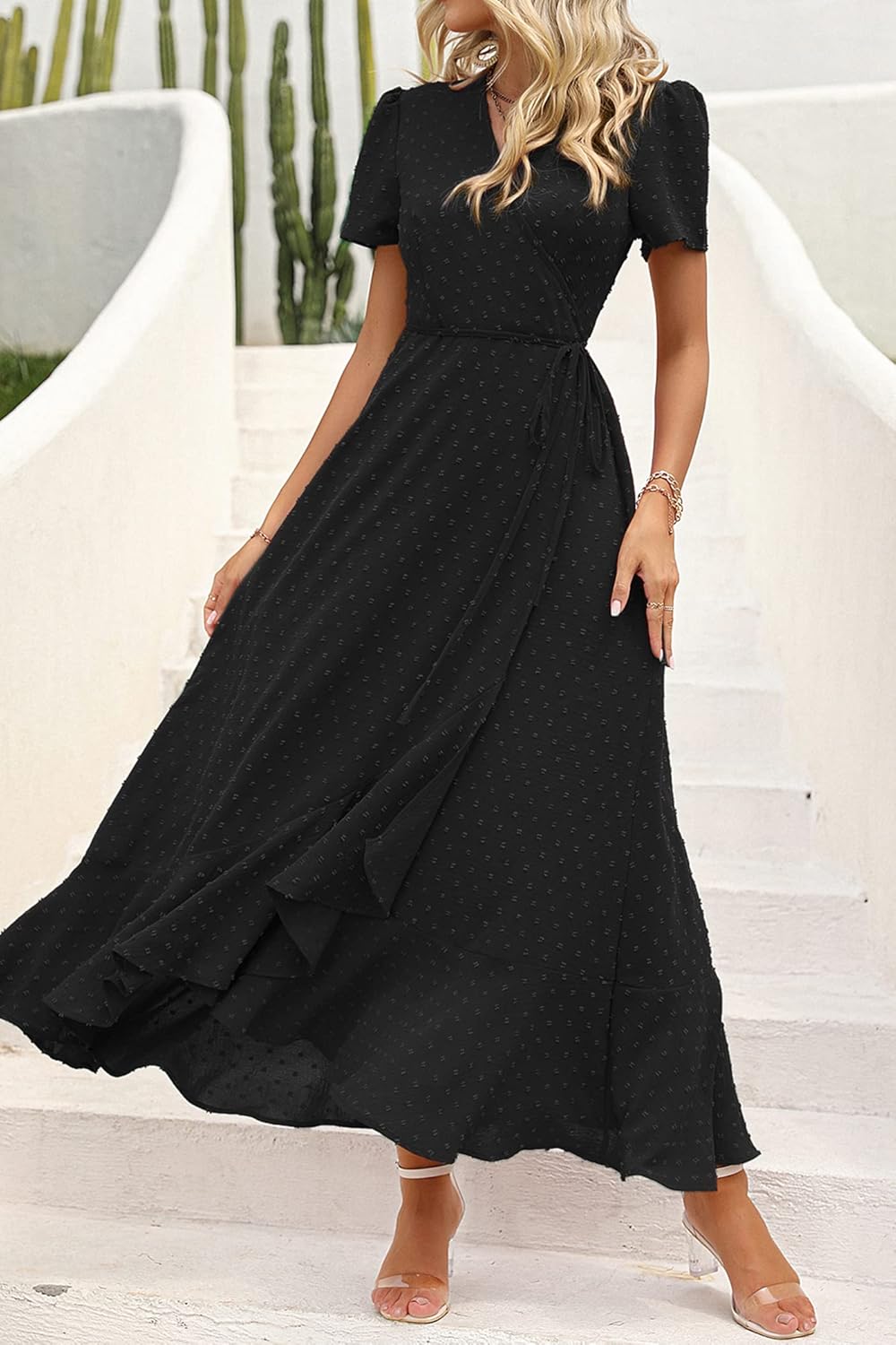 PRETTYGARDEN Women's Summer Wrap Maxi Dress Casual Short Sleeve Floral Boho V Neck Split Ruffle Beach Long Dresses