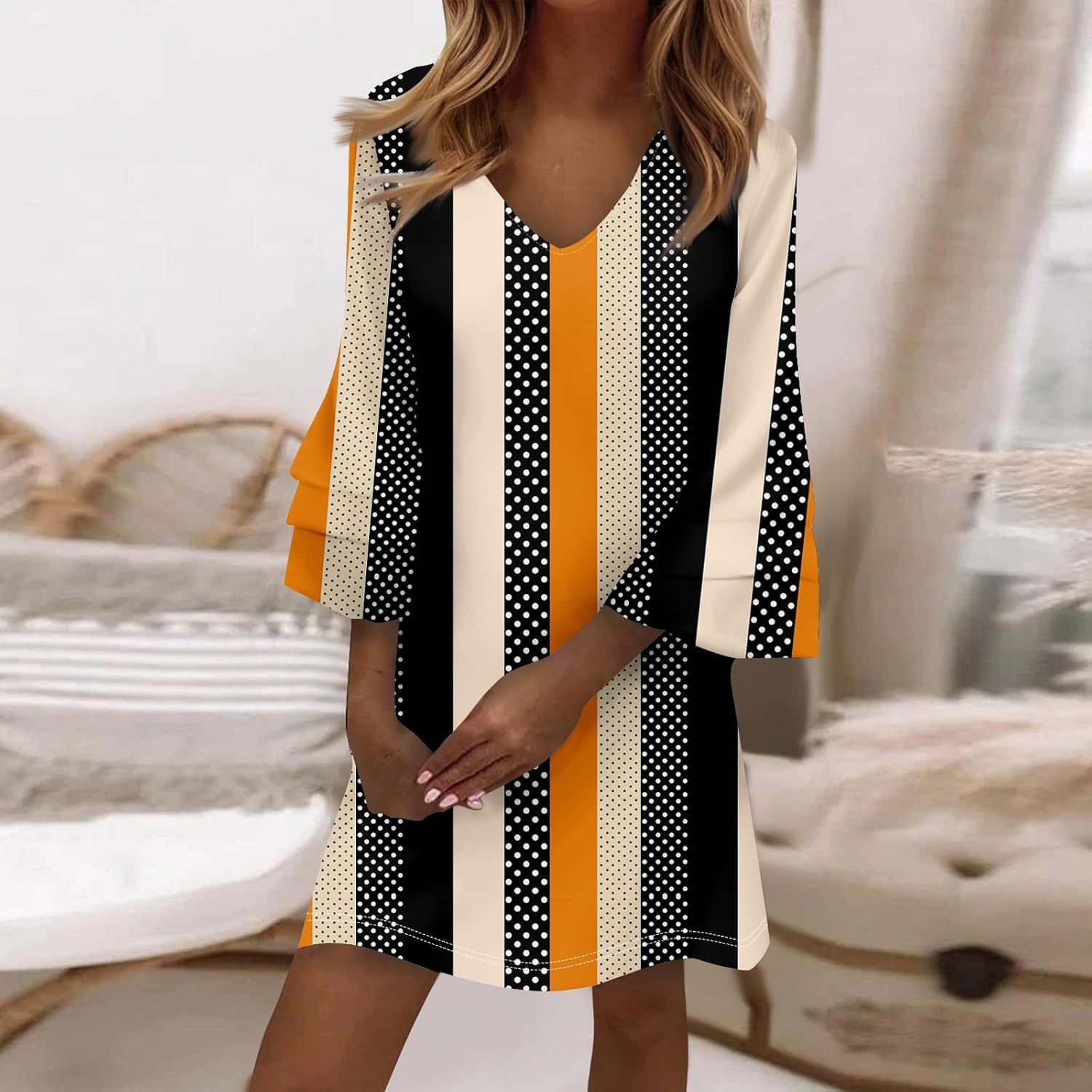 Beach Dresses for Women,2025 Summer Trendy Floral Print Boho Dress,Casual Loose V Neck Bell 3/4 Sleeve Mini Dress