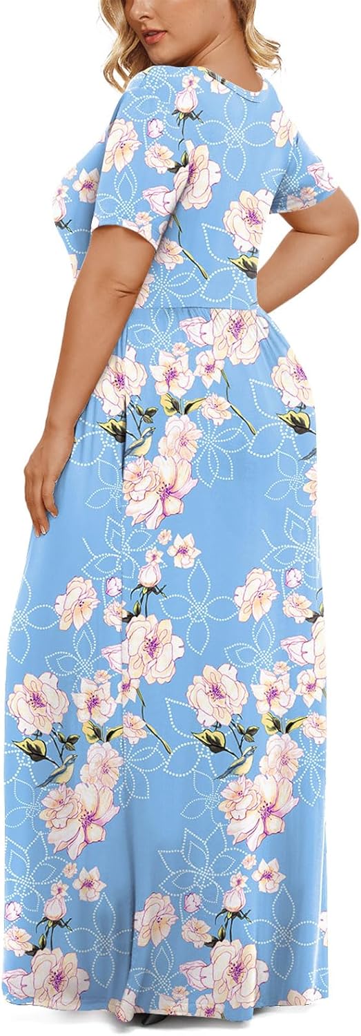 LONGYUAN Women's Plus Size Maxi Dresses for Curvy Women Summer Short Sleeve Casual 2025 Long Dress XL-6XL