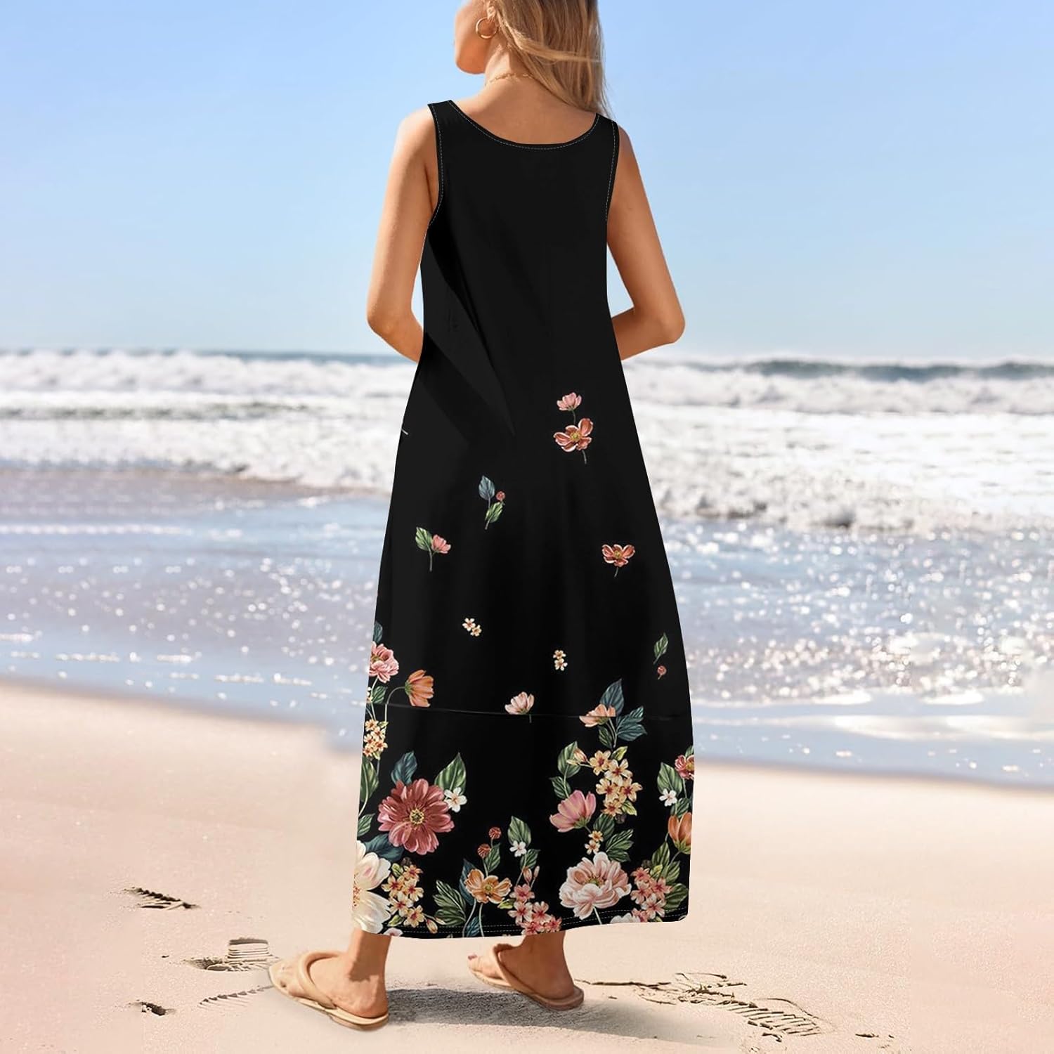 Womens Summer Tank Dress Vacation Boho Floral Long Dresses with Pockets Resort Wear Swing Beach Sleeveless Sundress