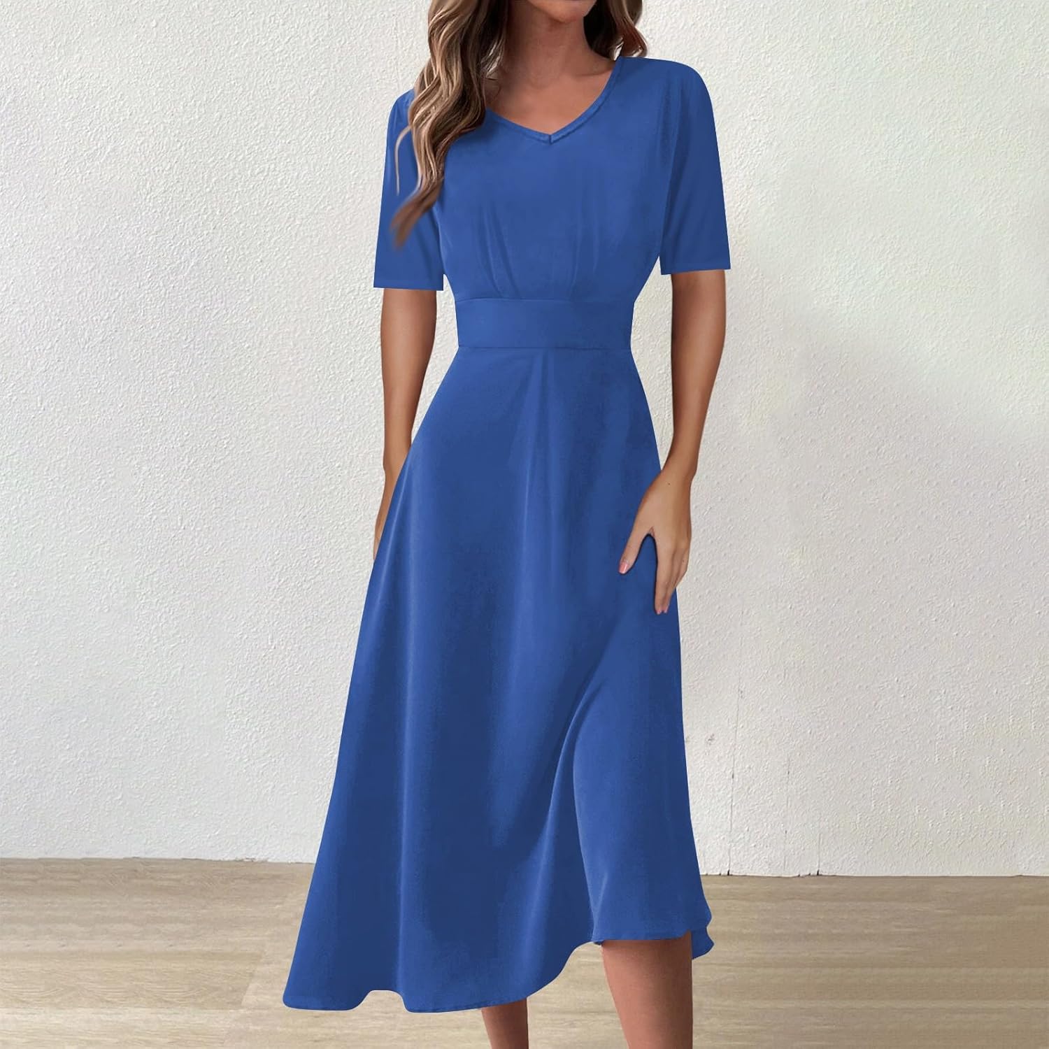 Women's Summer Elegant Cocktail Dress Solid Color Swing V-Neck Party Gown Dresses, S-2XL