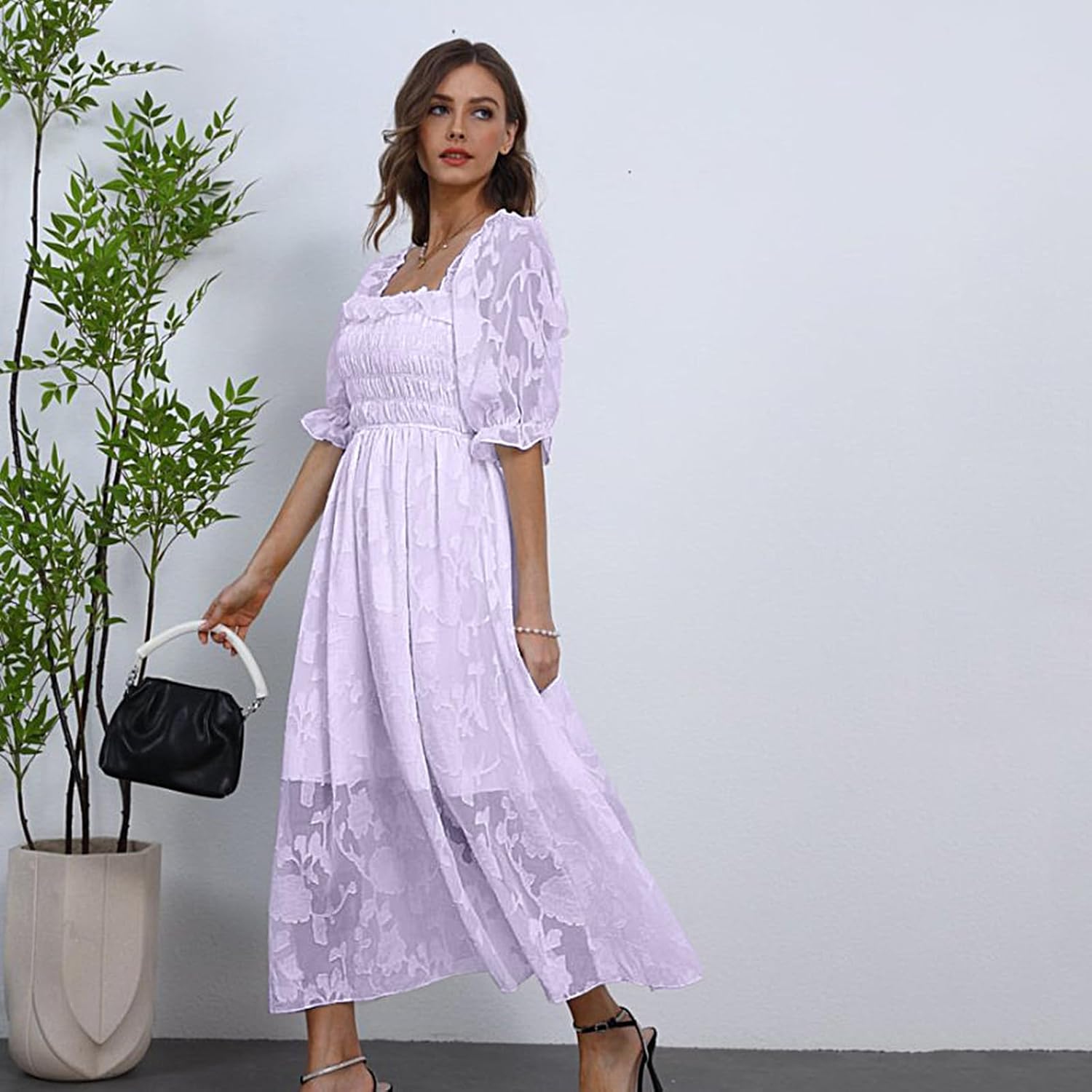 Women Floral Easter Spring Summer Dress Square Neck Chiffon Boho 2025 Maxi Long Wedding Guest Bridal Shower Dresses