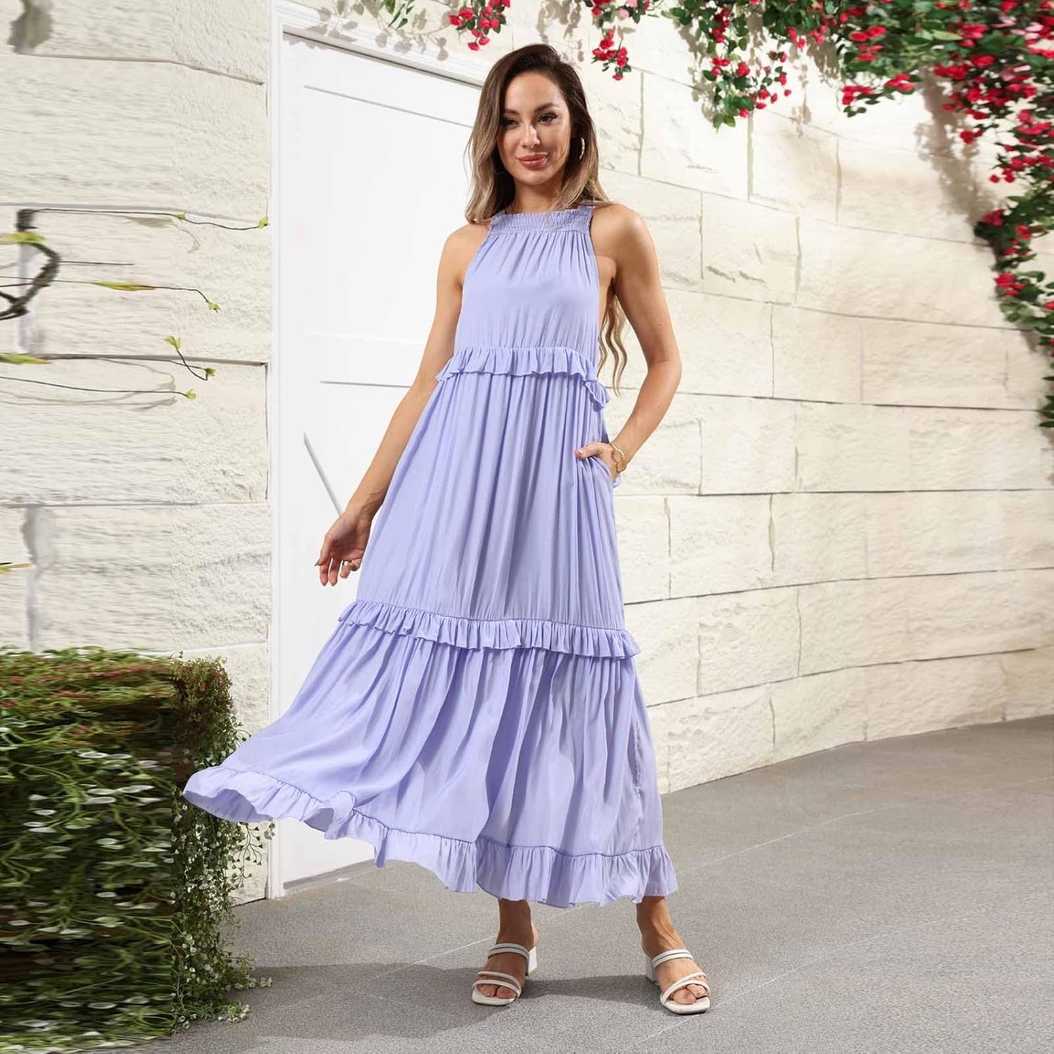 Boho Dresses for Women,2025 Summer Flowy Ruffle Tiered Swing Smocked Beach Sundress,Sleeveless Halter Maxi Dress