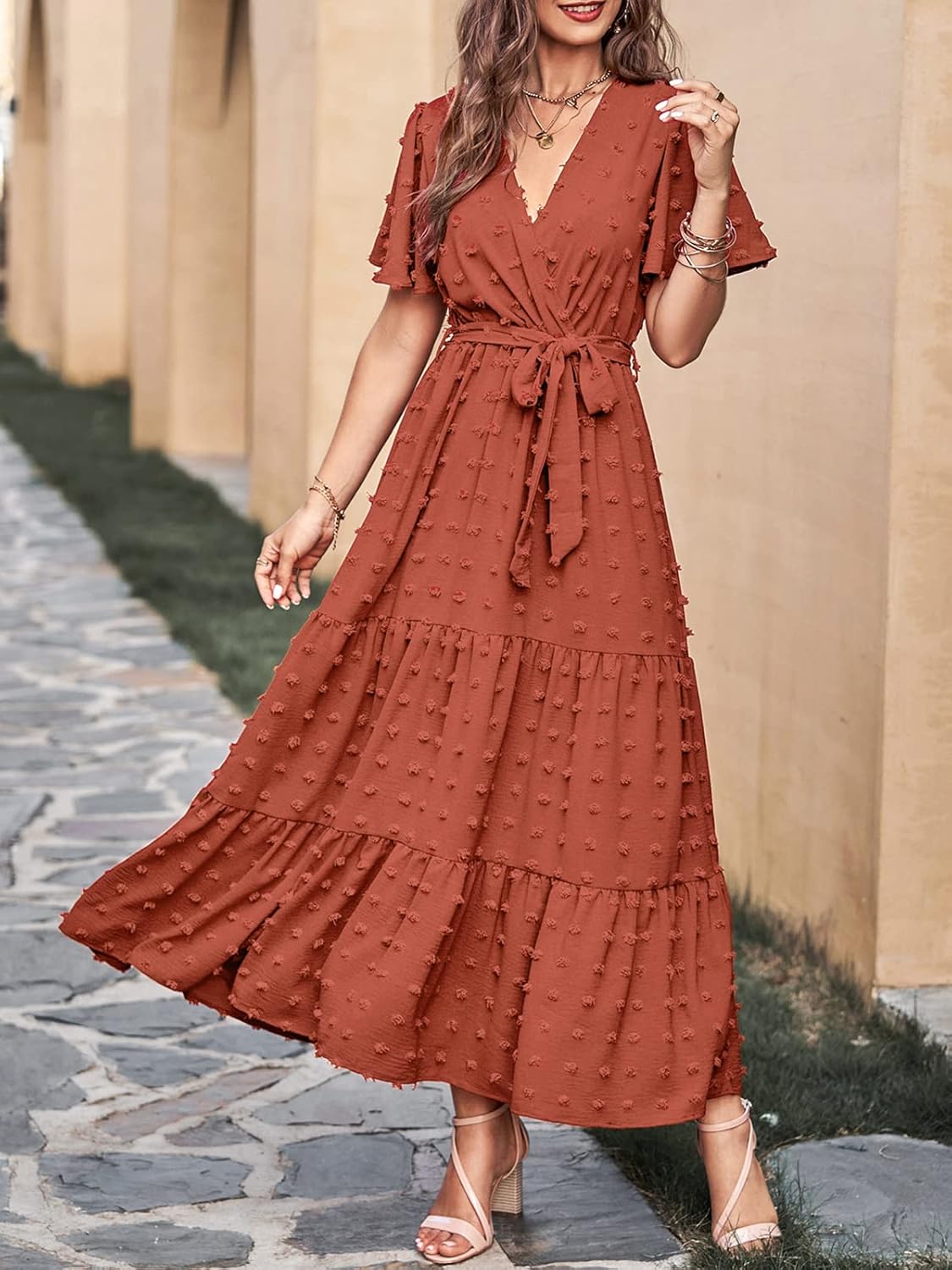 MASCOMODA Womens Boho Swiss Dot Maxi Dresses Wrap V Neck Flutter Short Sleeve Solid Tie Belt A Line Tiered Flowy Long Dress
