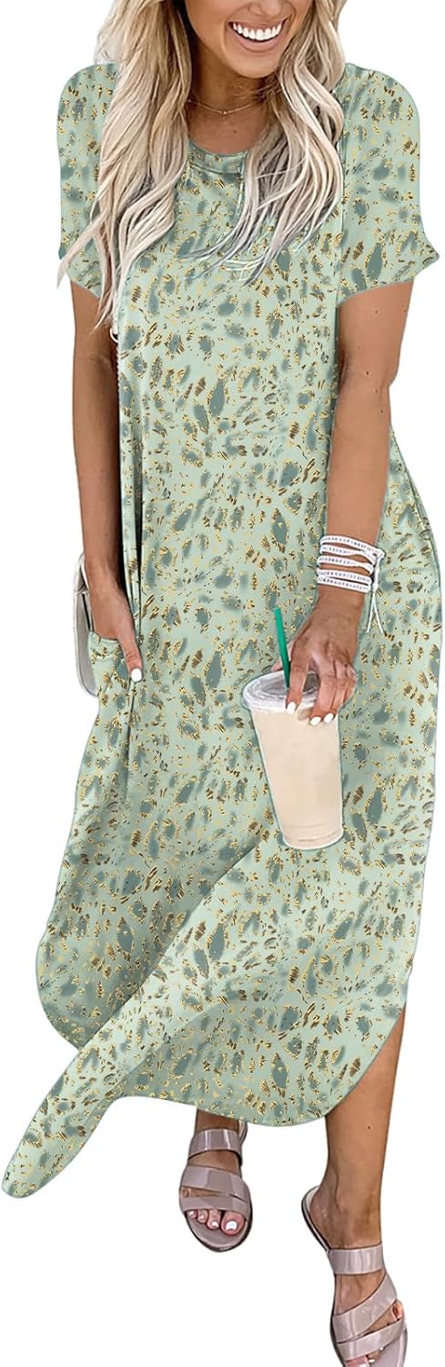 ANRABESS Women's Summer Casual Loose Short Sleeve Long T Shirt Dress Split Maxi Beach Sundress Travel Vacation Outfits