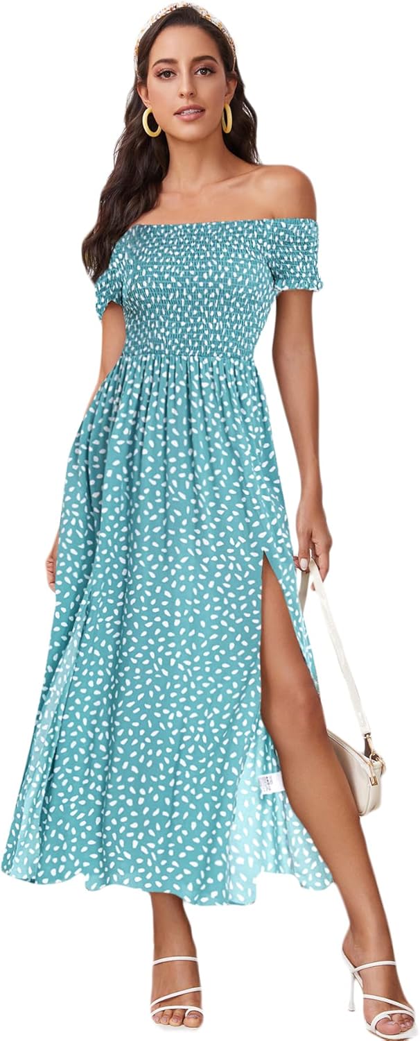 Floerns Women's Boho Floral Print Off Shoulder Split Long A Line Dress