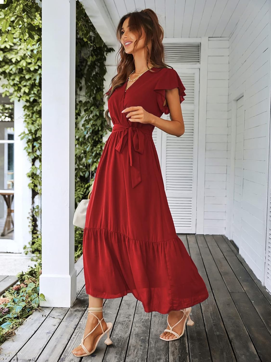 PRETTYGARDEN Women's Summer Floral Boho Dress Wrap V Neck Short Sleeve Ruffle A-Line Flowy Maxi Wedding Guest Dresses
