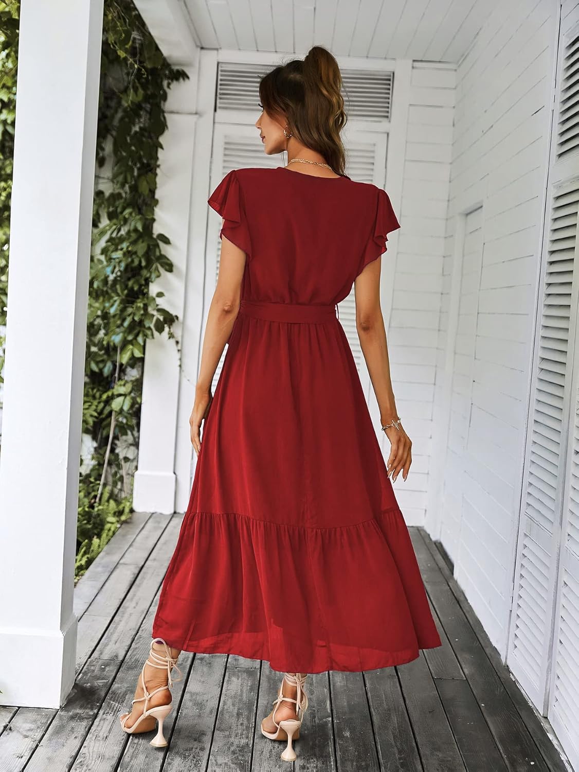 PRETTYGARDEN Women's Summer Floral Boho Dress Wrap V Neck Short Sleeve Ruffle A-Line Flowy Maxi Wedding Guest Dresses