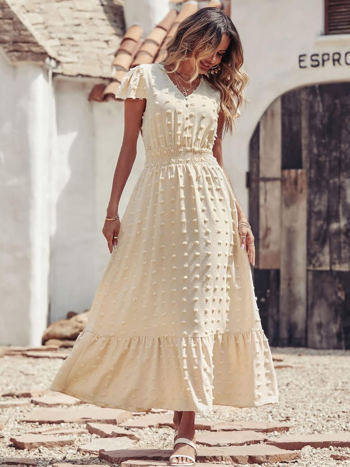 PRETTYGARDEN Womens Dresses 2025 Summer Maxi Dress Boho Short Sleeve V Neck Swiss Dot Ruffle Tiered Smocked Flowy Long Dress