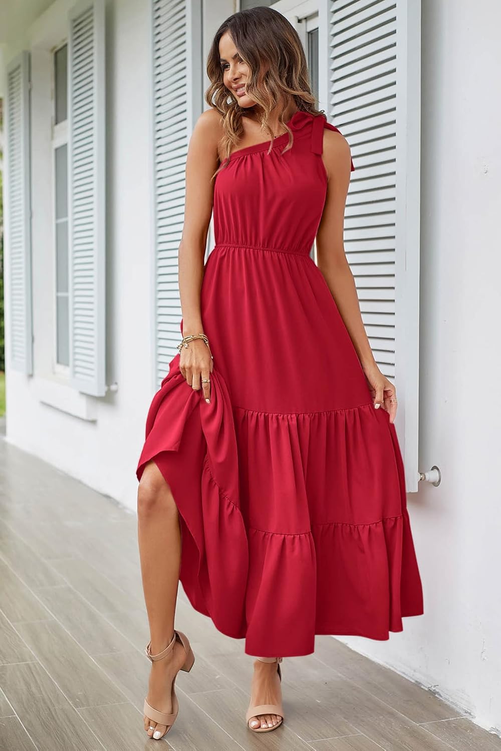 PRETTYGARDEN Women's Summer Floral Maxi Dress Knot One Shoulder Sleeveless Ruffle Flowy Boho Beach Wedding Guest Dresses