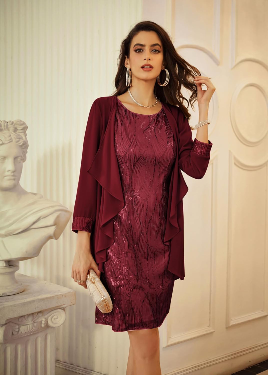 GRACE KARIN Sequin Dress for Women Knee Length Mother of the Bride Dresses Formal Dress Two Piece Dress with Chiffon Jacket