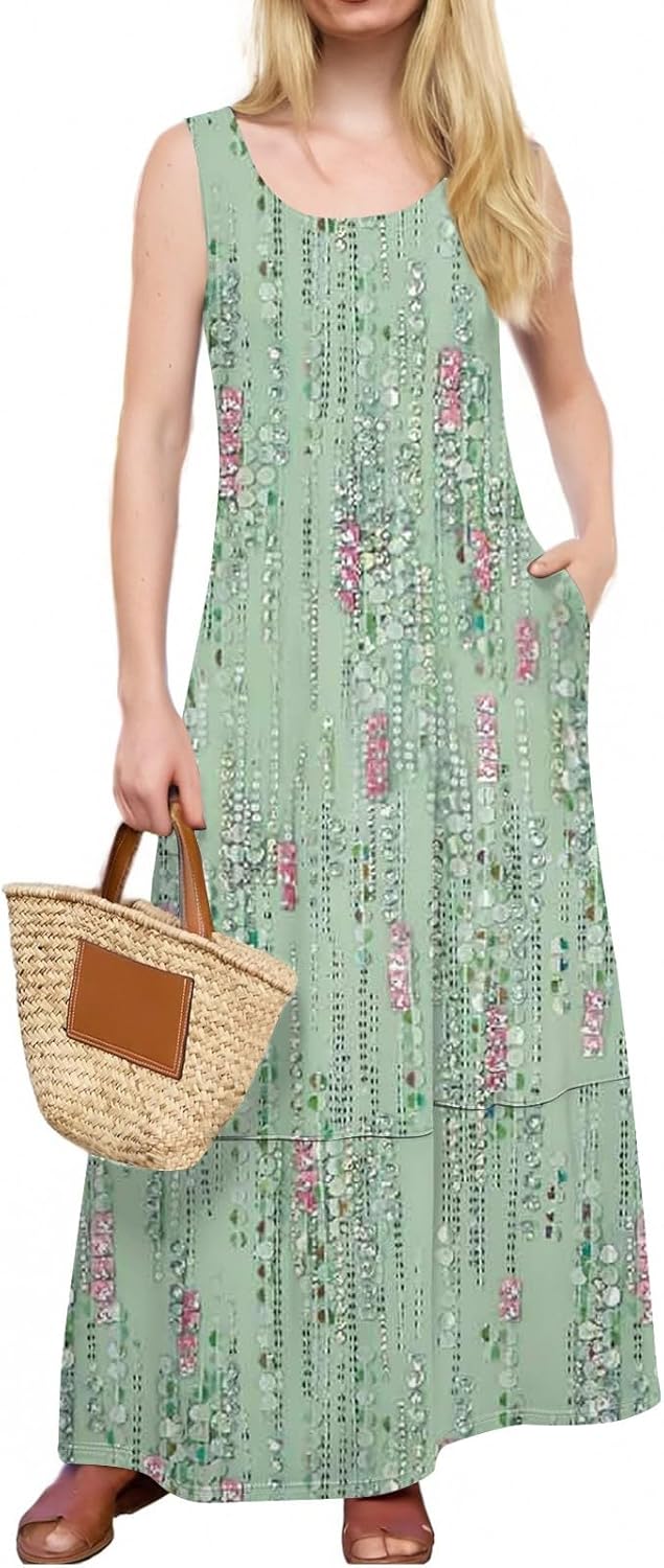 Womens Summer Tank Dress Vacation Boho Floral Long Dresses with Pockets Resort Wear Swing Beach Sleeveless Sundress