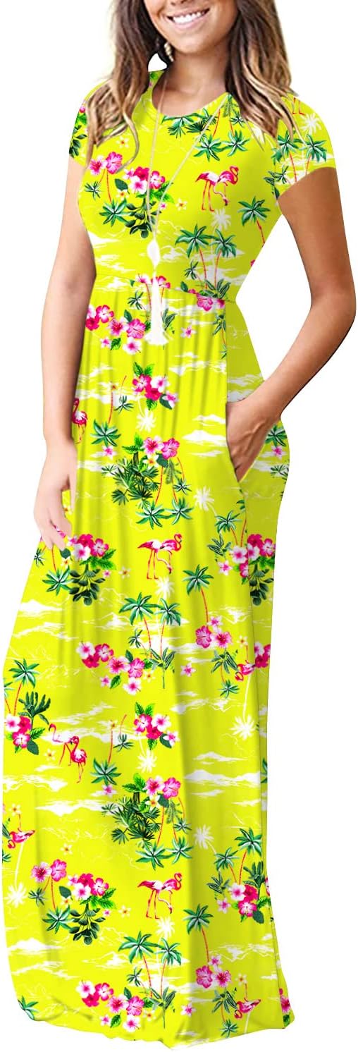 DEARCASE Maxi Dress for Women Short Sleeve Casual Summer Loose Plain Comfy Long Dresses with Pockets