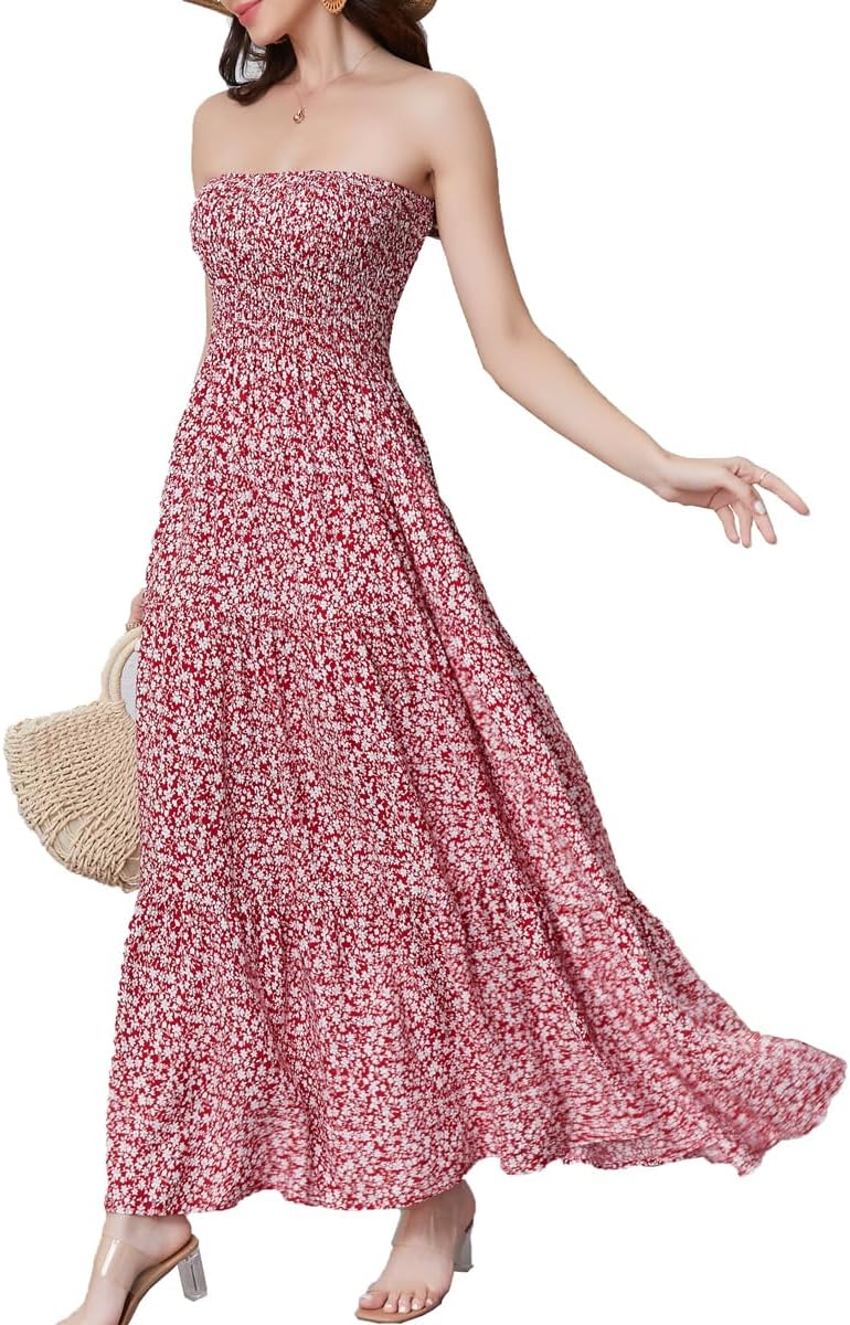 Women's Summer Strapless Tube Top Maxi Dresses Off Shoulder Boho Beach Long Dress