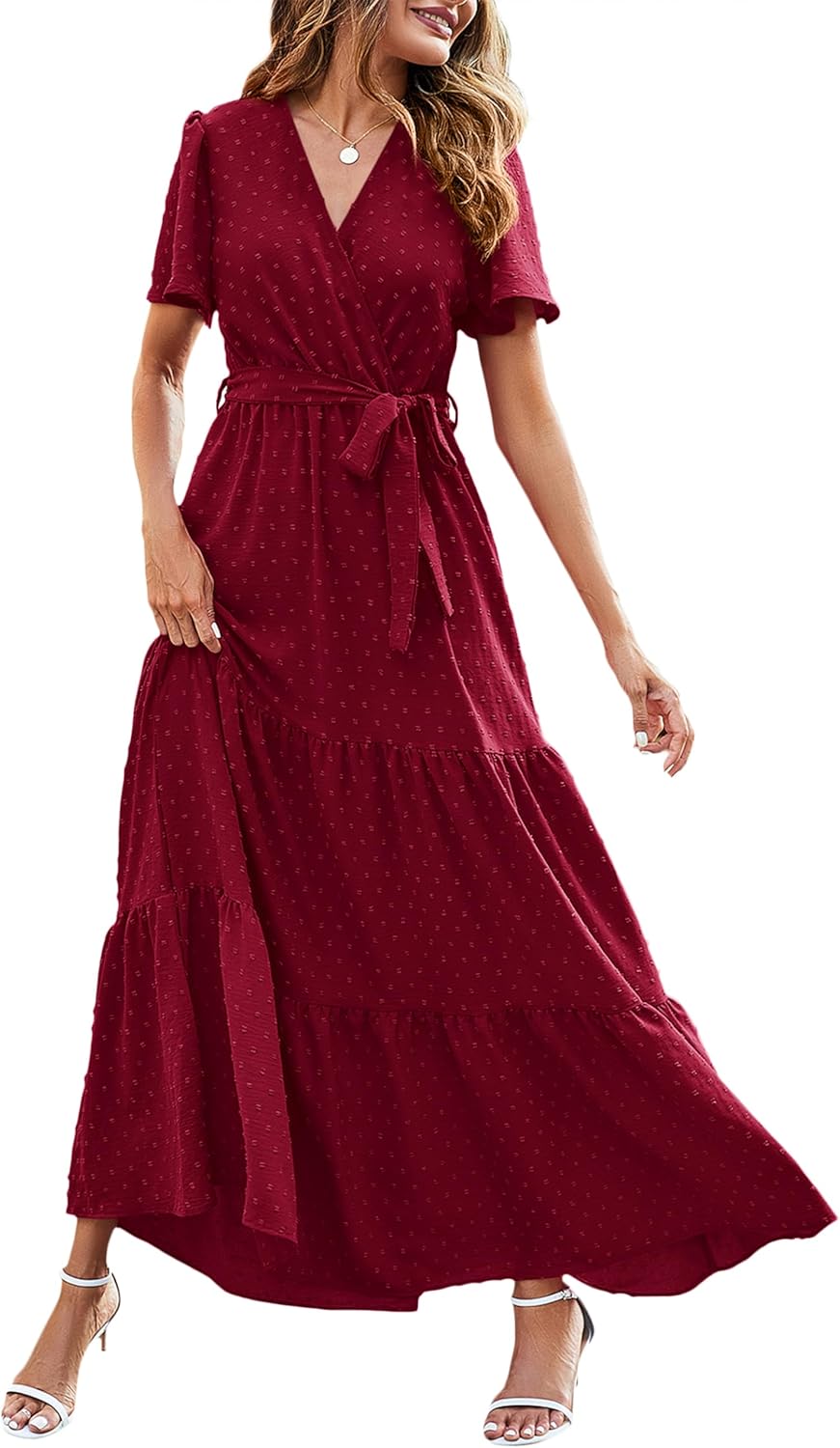 MASCOMODA Womens Boho Swiss Dot Maxi Dresses Wrap V Neck Flutter Short Sleeve Solid Tie Belt A Line Tiered Flowy Long Dress