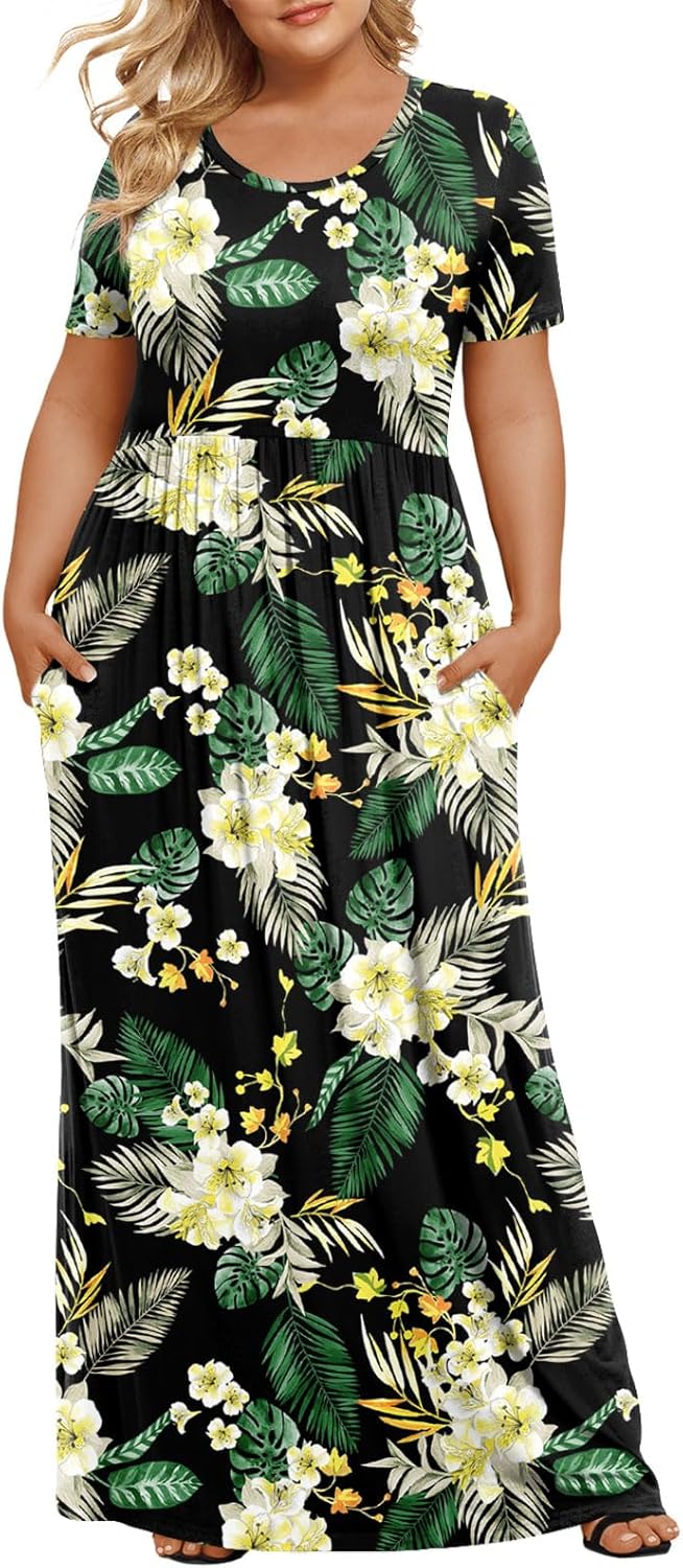 LONGYUAN Women's Plus Size Maxi Dresses for Curvy Women Summer Short Sleeve Casual 2025 Long Dress XL-6XL