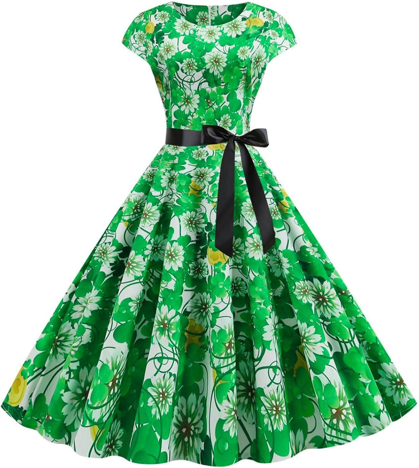 aihihe St Patricks Day Dress for Women A Line Pleated Hepburn Dress Lukcy Shamrock Print Irish Dress 2024 Vintage Dress