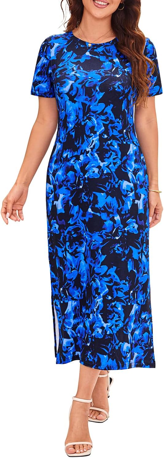 Naggoo Women's Short Sleeve Split Maxi Dress Casual Plain Tie Dye Print Tshirt Long Dresses with Pockets