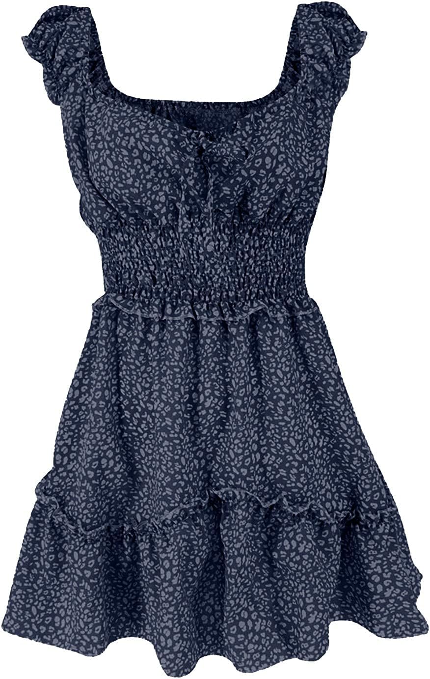 iQKA Women Short Mini Dress Summer Bohemian Floral Print Short Sleeve Square Neck Sexy Babydoll Dresses S-3XL